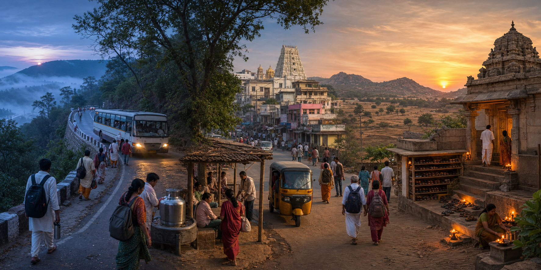 Pilgrims travel by road and public transport from the Tirumala foothills through Tirupati city toward a rural temple area.