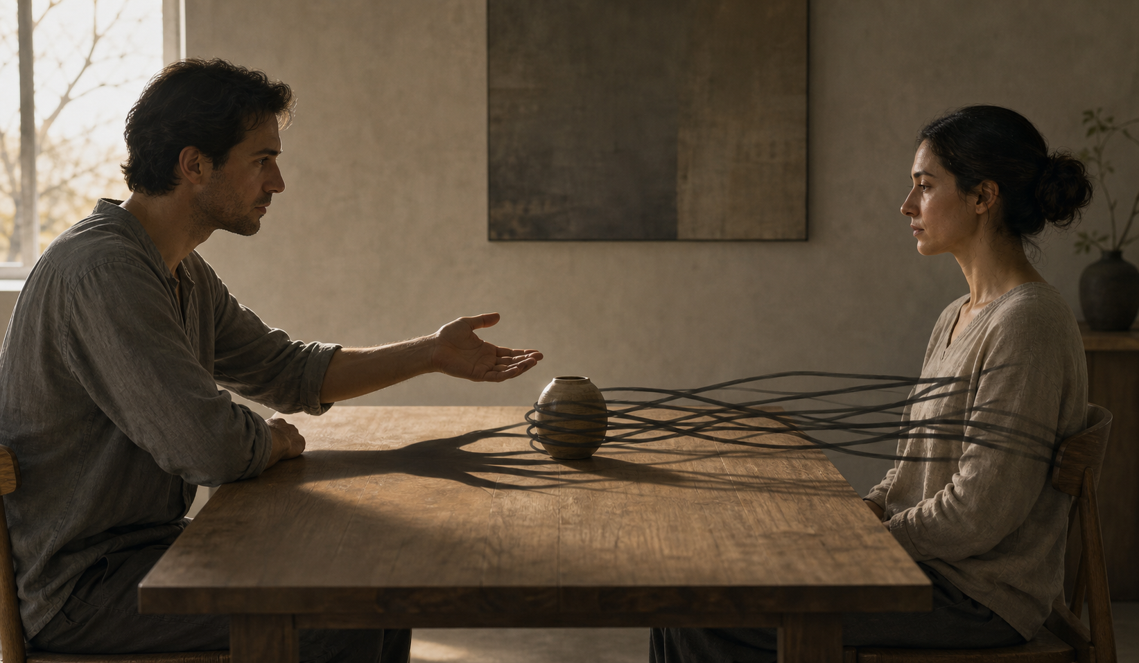 Two people sit across a table as an open hand reaches toward an object and its shadow forms cords extending into the other person's space.