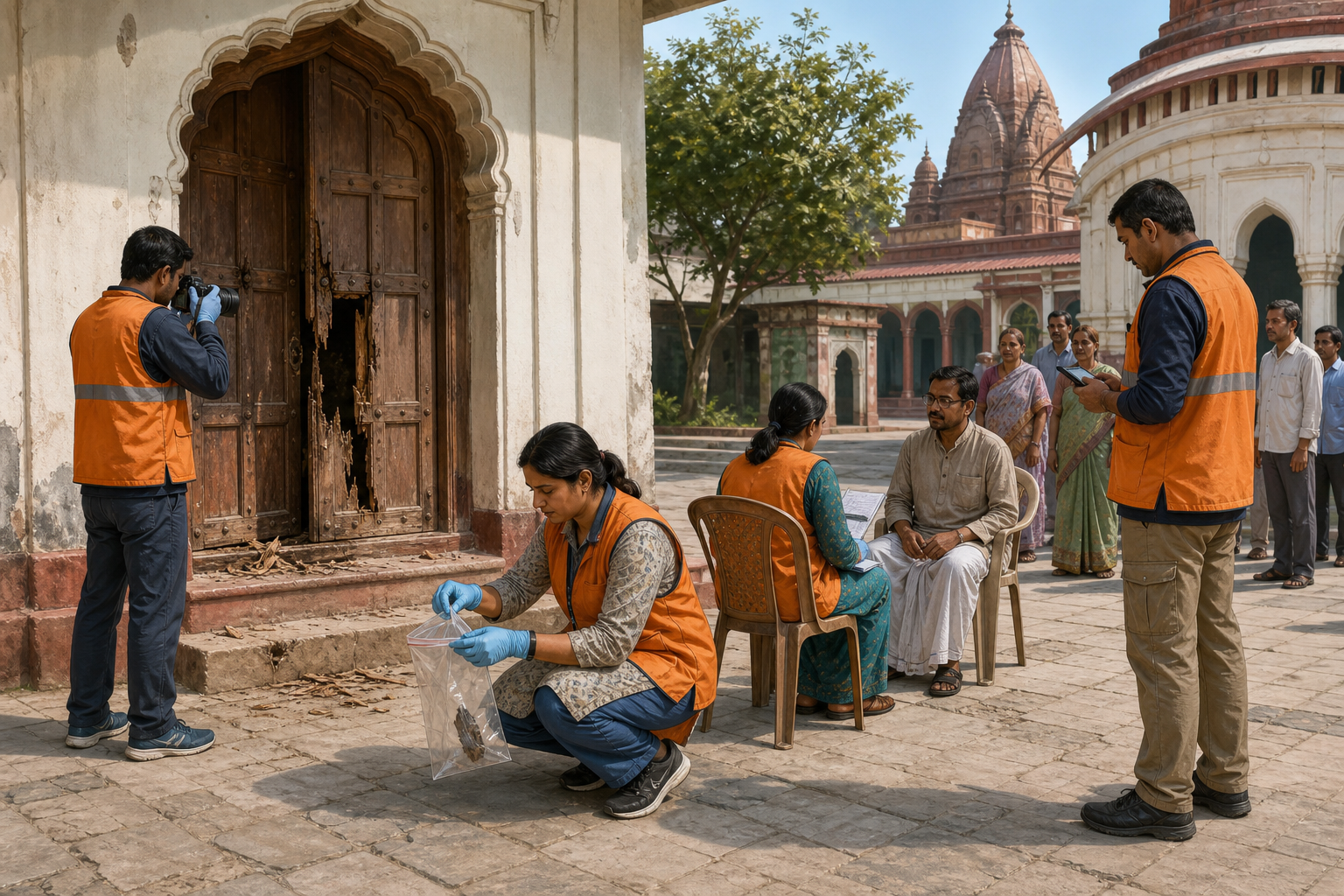 Volunteers document a damaged temple door, preserve an object in an evidence sleeve, and interview a witness in a quiet courtyard.