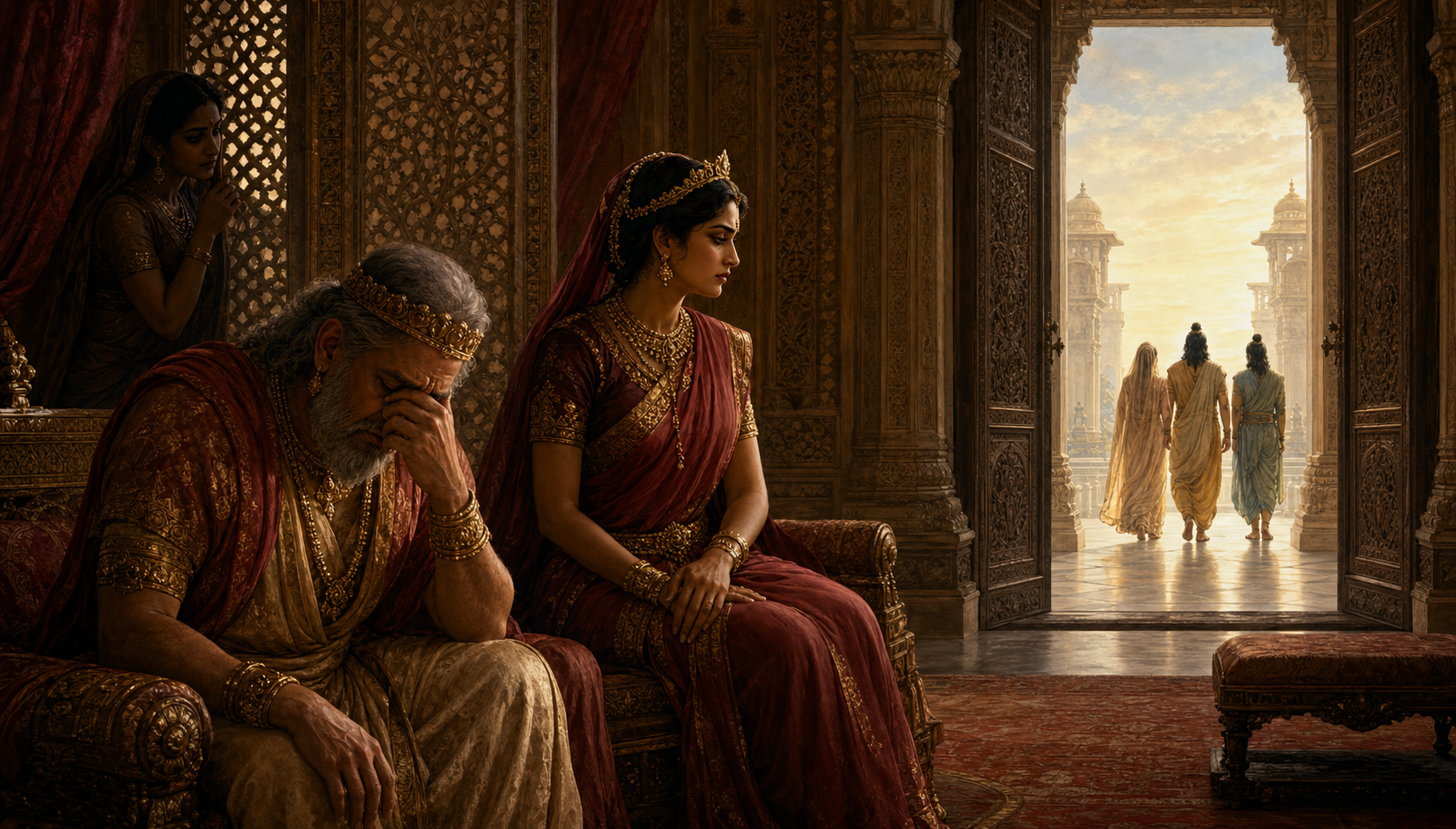 Kaikeyi and the distressed King Dasharatha sit in a palace chamber as Rama, Sita and Lakshmana depart through a distant corridor.