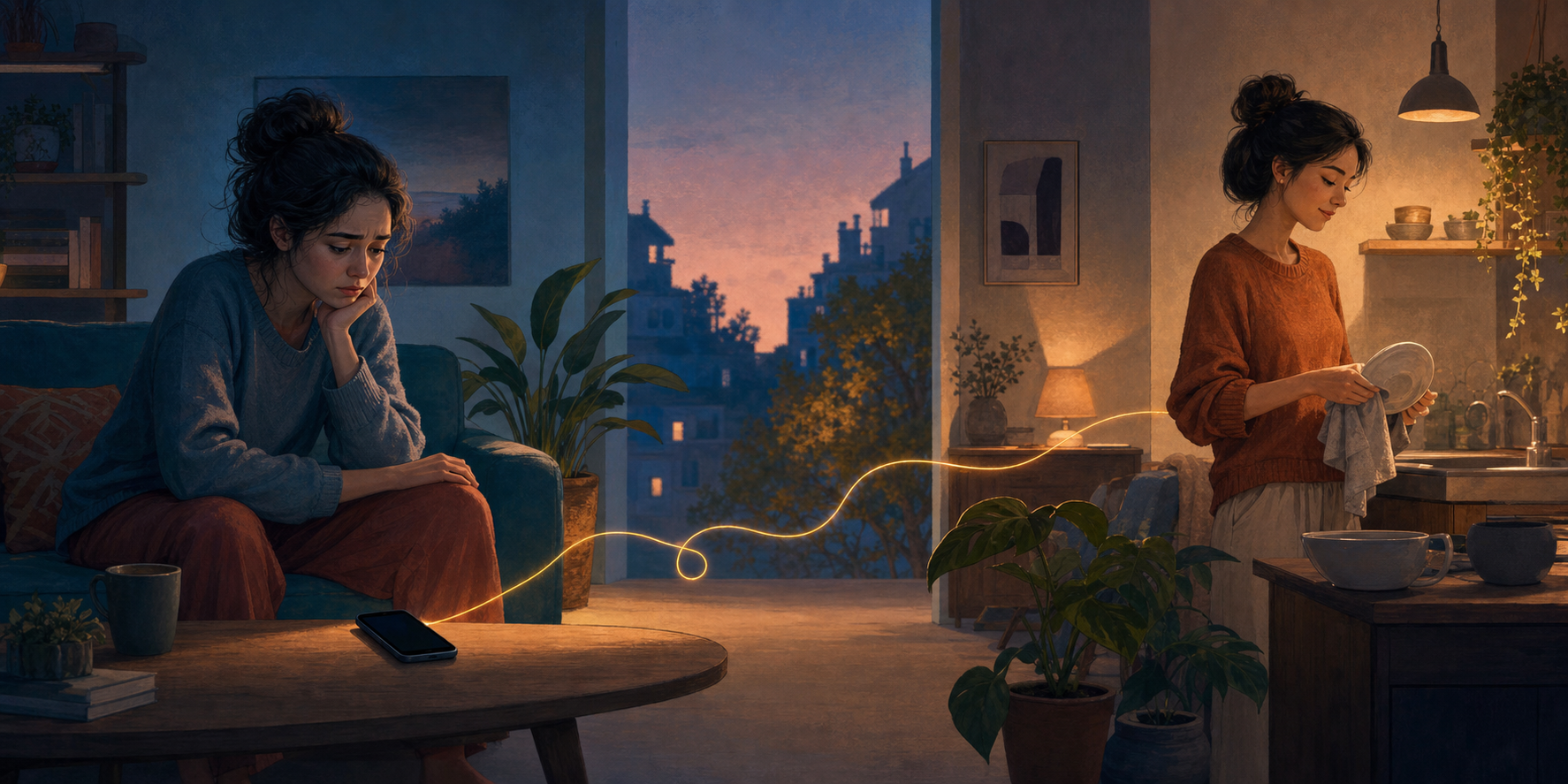 Two friends are shown in separate rooms connected by an unbroken glowing thread; one waits tensely beside a phone while the other does a household task.