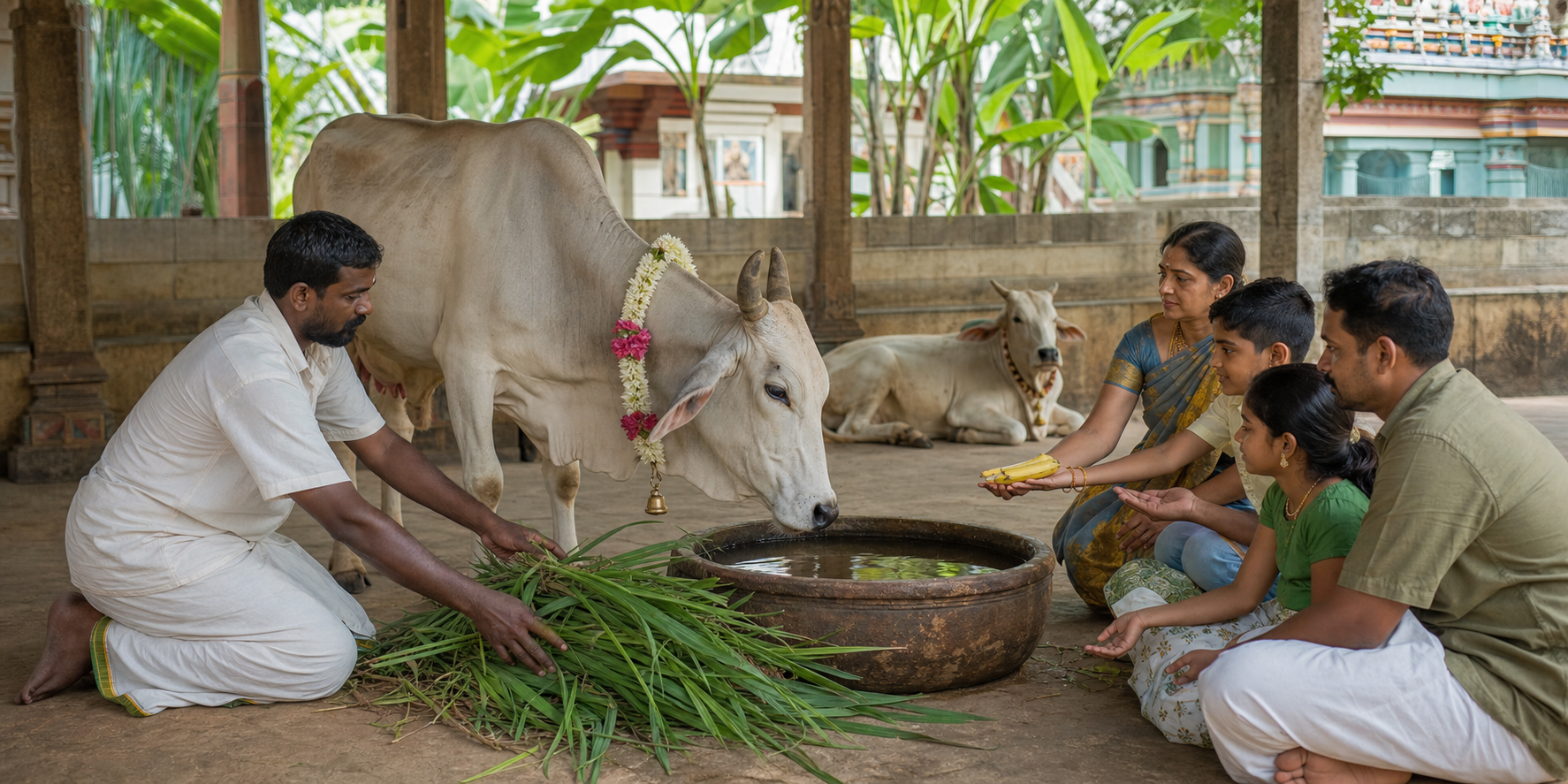 A caretaker gives fresh fodder and water to a calm garlanded zebu cow as a family offers fruit nearby.