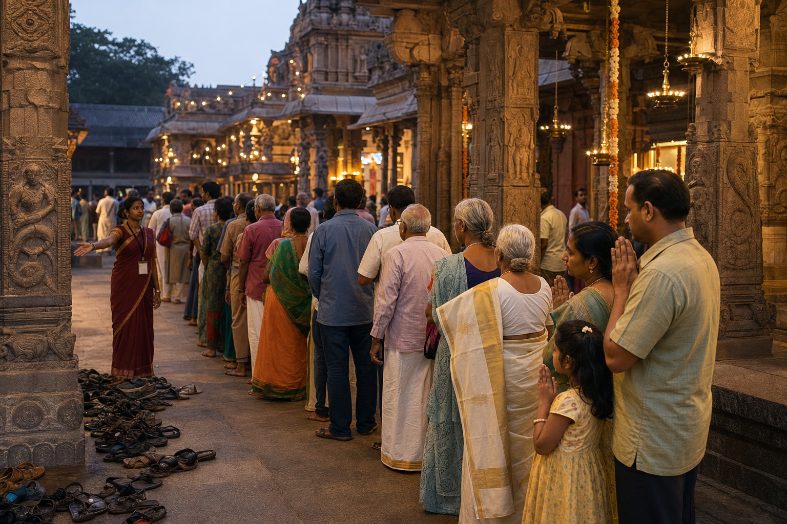Pilgrims wait quietly in a temple courtyard while volunteers guide the queue and families observe the worship respectfully.