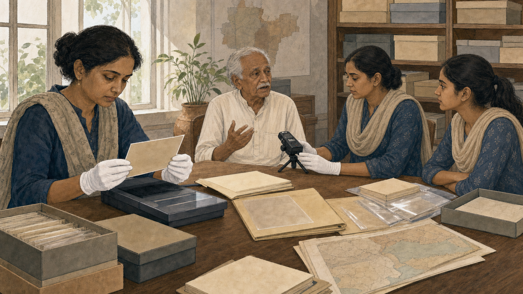 Two archivists preserve photographs and record an elderly person's oral testimony at a table covered with folders and archival boxes.