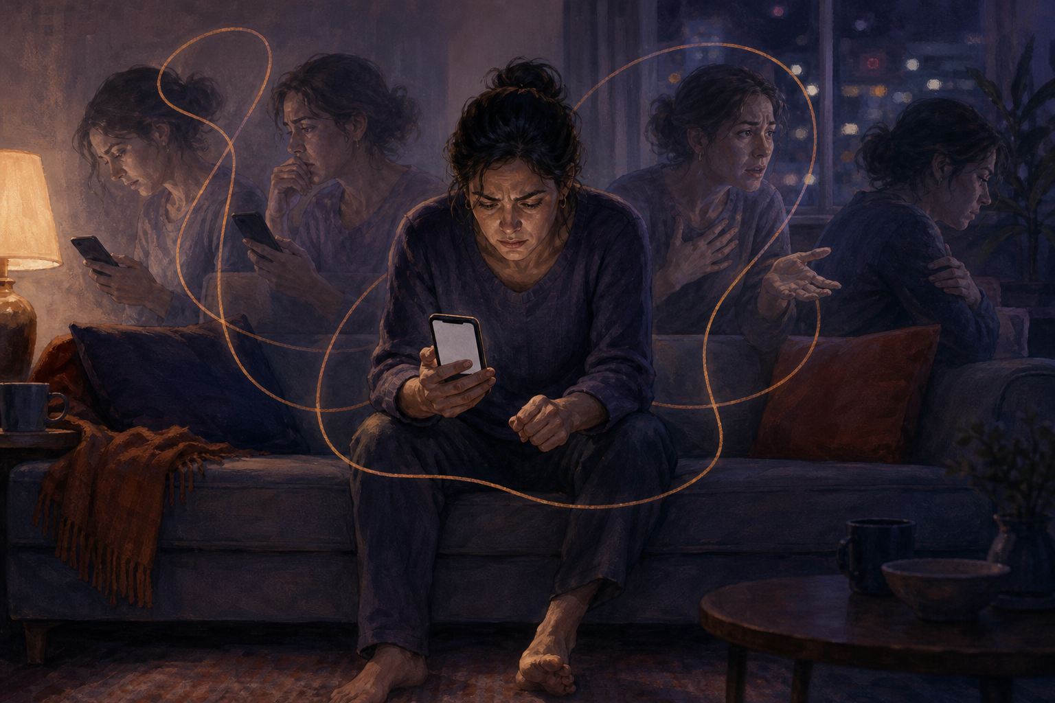 An adult holding a phone is surrounded by translucent repeated poses that show checking, reaching out, and withdrawing in a loop.