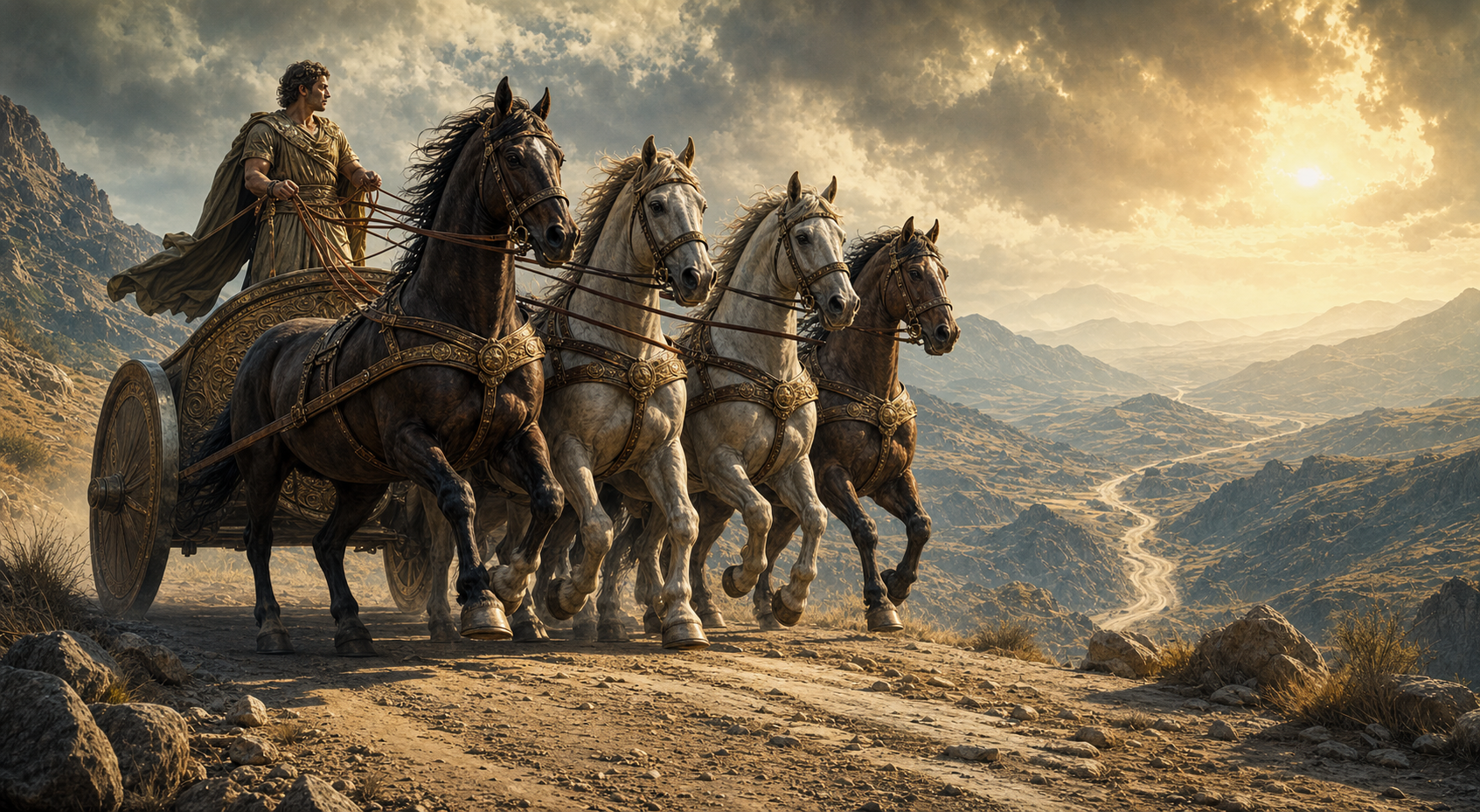 A calm charioteer holds the reins of four energetic horses on an open mountain road at sunrise.