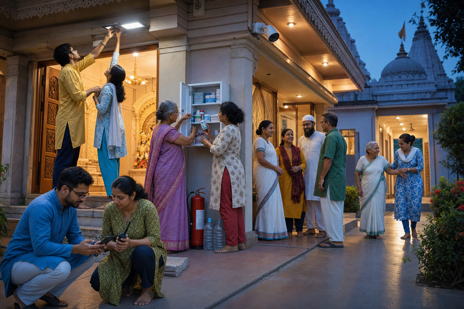 Community members check lighting, first-aid supplies, communications equipment, and an accessible exit at a Bengali temple and hall.