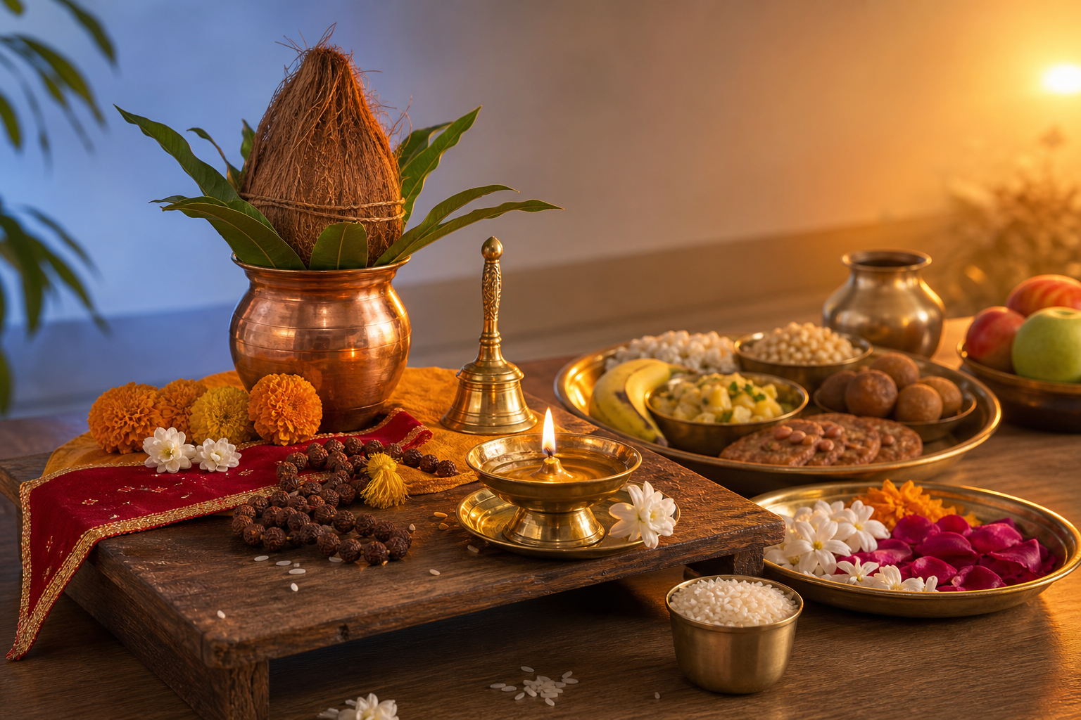 Brass puja items, flowers, prayer beads, and fasting foods arranged in warm lamplight for several household observances.