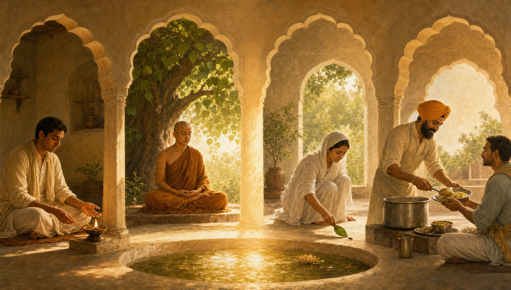 Four connected scenes show a person reflecting by a lamp, a monastic meditating, a person moving an insect from a path, and a turbaned volunteer serving food.