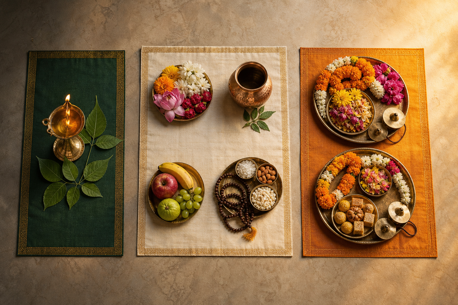 Three puja arrangements viewed from above, progressing from one twilight observance to several preparations and two larger devotional gatherings.