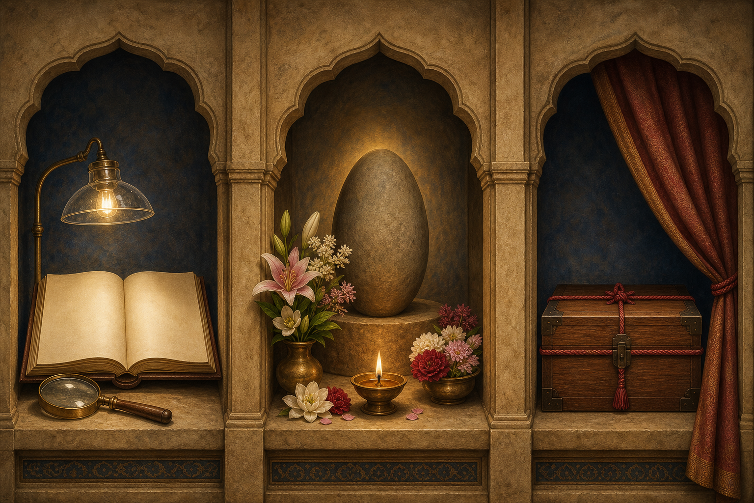 Three separate niches contain a blank study folio and lens, flowers with an oil lamp before a sacred stone, and a cord-bound wooden chest behind a curtain.