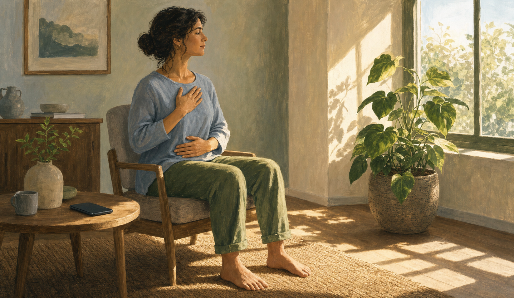 An adult sits with both feet on the floor and a hand on their chest while a phone rests face down on a nearby table.