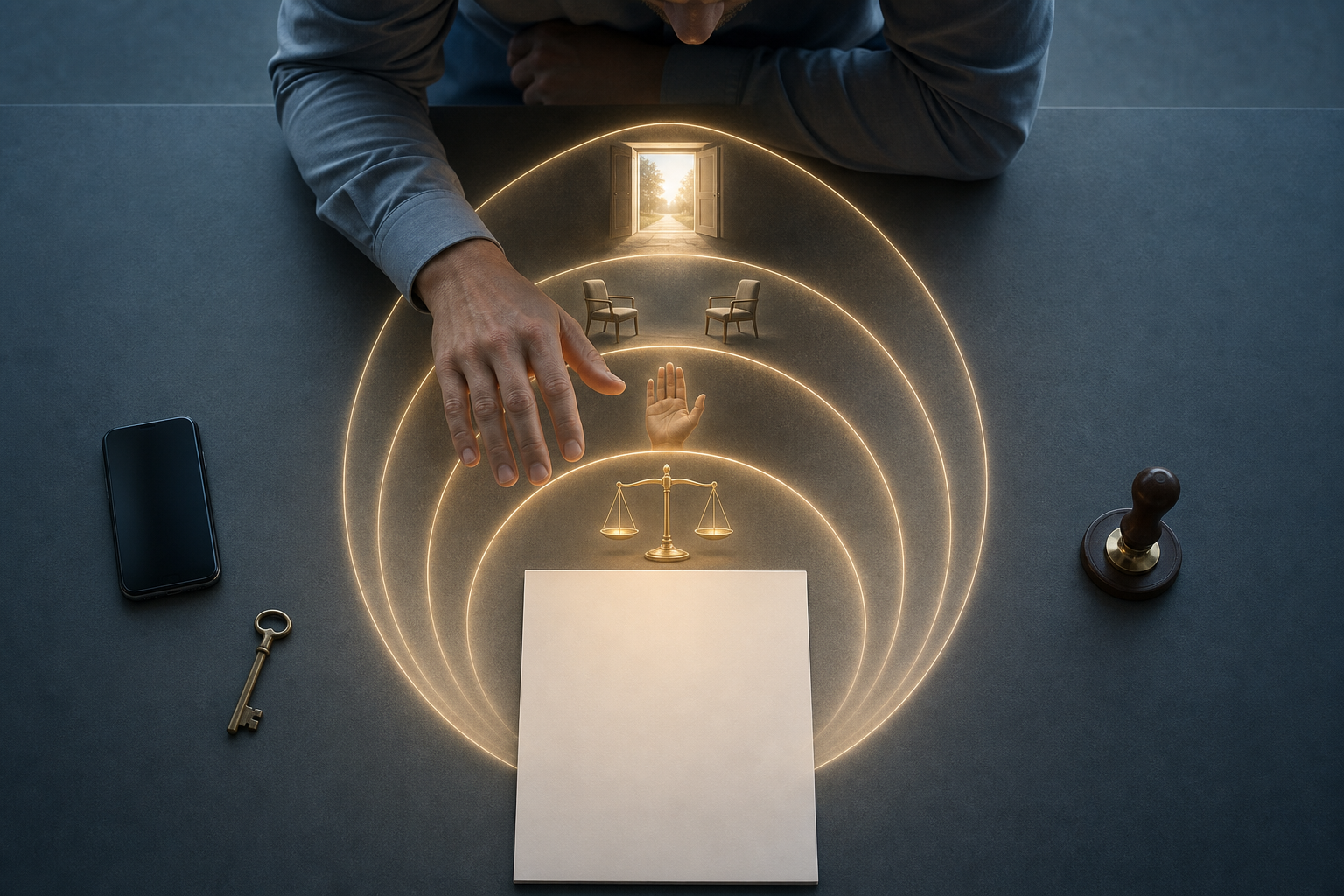 A person pauses over a blank document while four illuminated thresholds containing a scale, an open hand, equal chairs, and a clear doorway lie between hand and page.