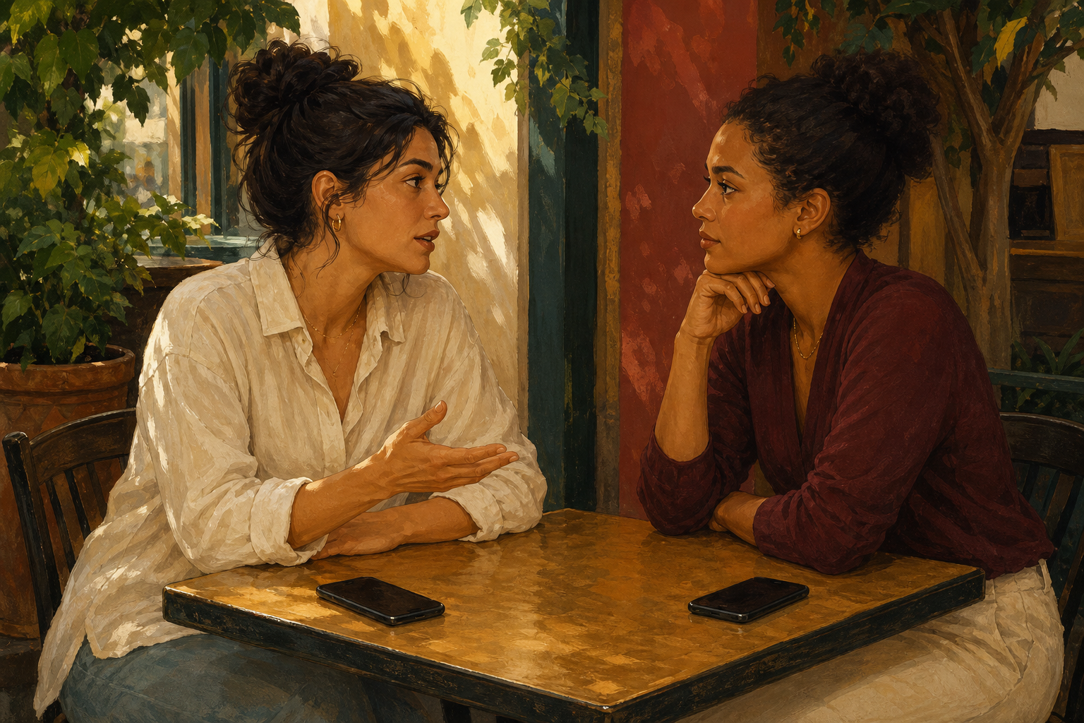 Two friends speak face to face at a cafe table with open postures while their phones remain face down beside them.