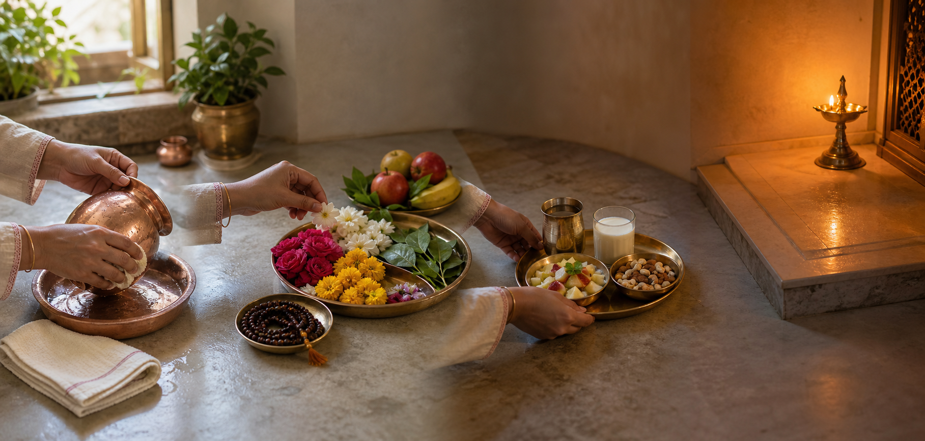 Hands prepare a copper vessel, flowers, offerings, fasting foods, and a diya in a sequence across a household prayer space.