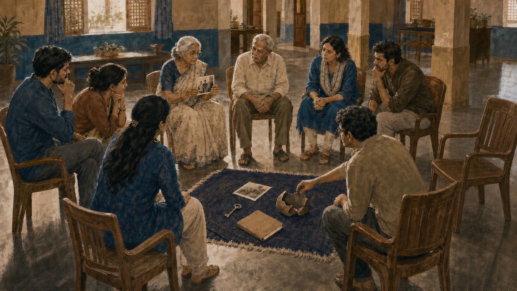Older and younger Indian adults sit in a listening circle around photographs and household objects, with one empty chair among them.