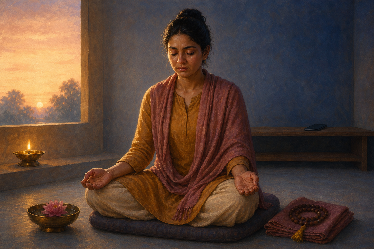 A tearful adult meditates on a cushion beside an oil lamp, flower bowl, and mala beads in a softly lit room.