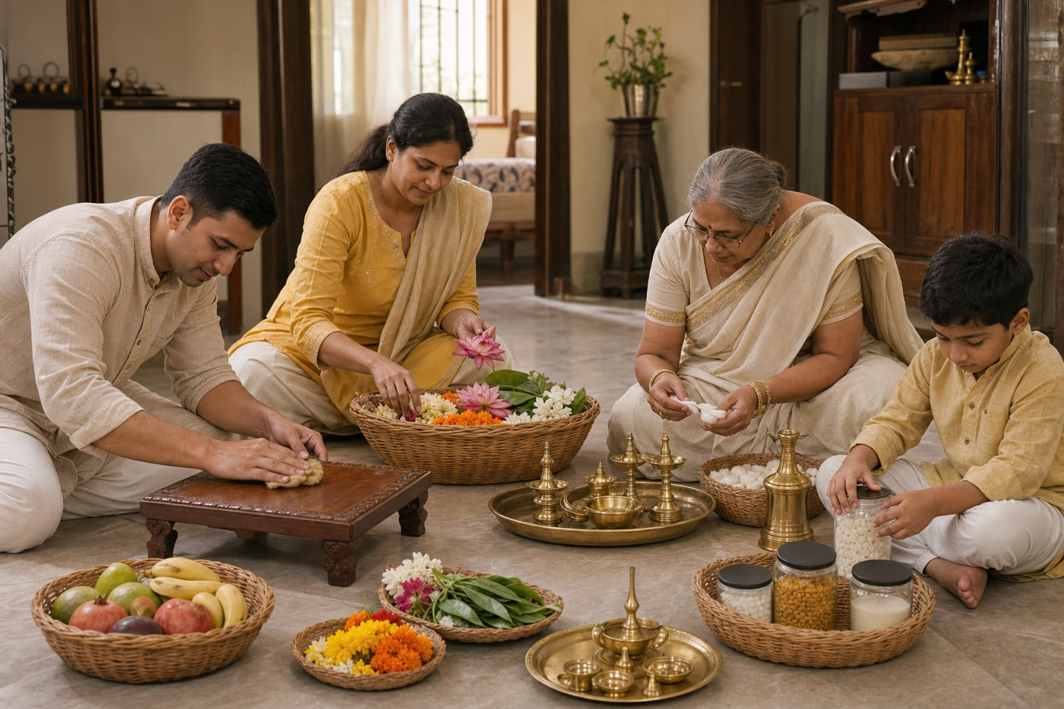 A multigenerational Indian family organizes flowers, fruit, lamps, and puja supplies in a clean household prayer area.
