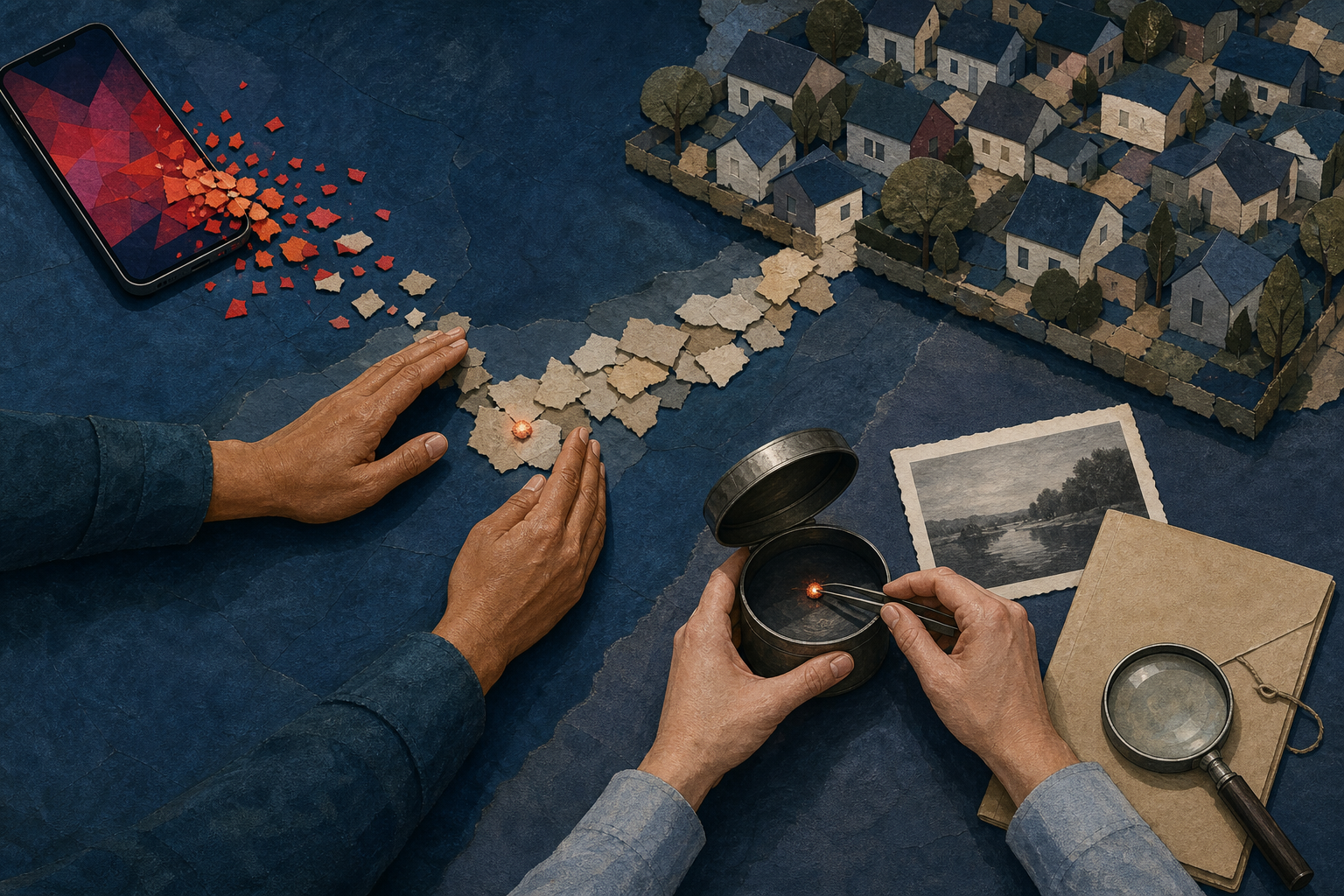 Hands move a glowing ember away from paper scraps and a model neighborhood, placing it beside archival materials and a magnifying glass.