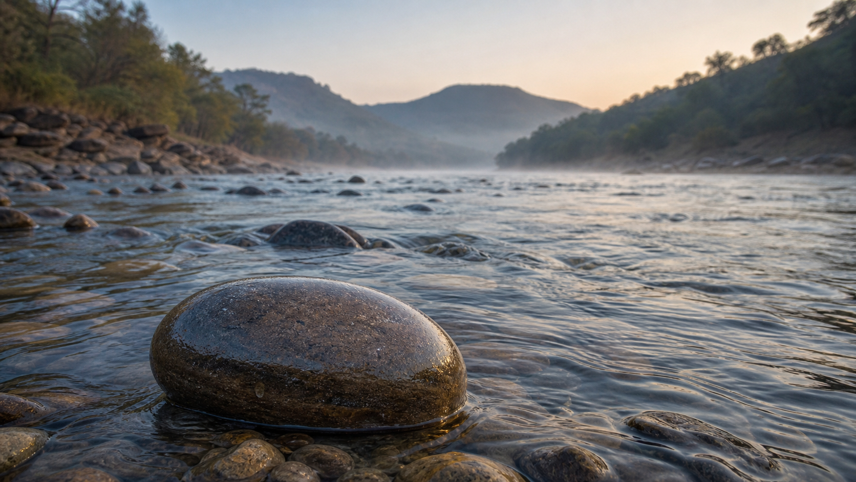 A smooth oval river stone rests in the shallow Narmada as water flows around it at dawn.