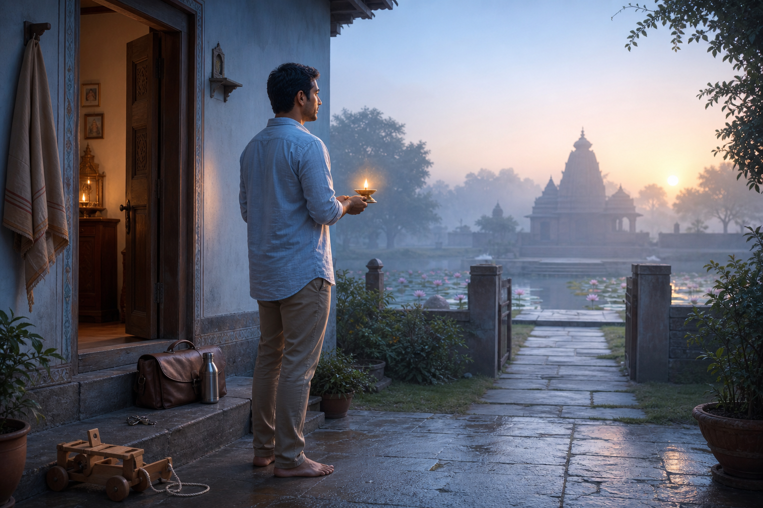 A householder holds a lit brass oil lamp in a dawn courtyard beside a work bag, keys, and a child's toy, with a path leading toward a lotus pond and distant temple.