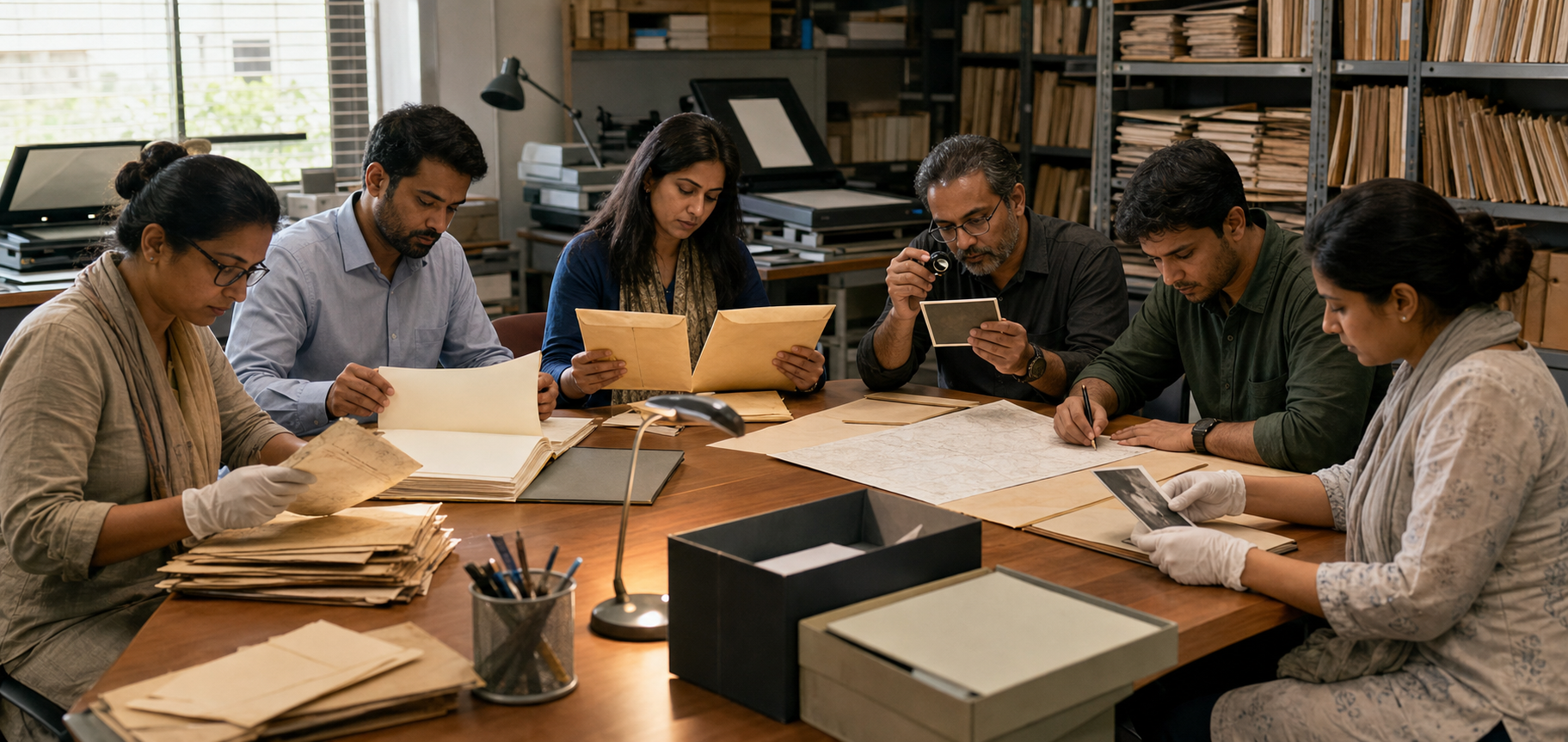 Six specialists examine archival files, sealed envelopes, a map, personal photographs, and identification artifacts around a records-room table.