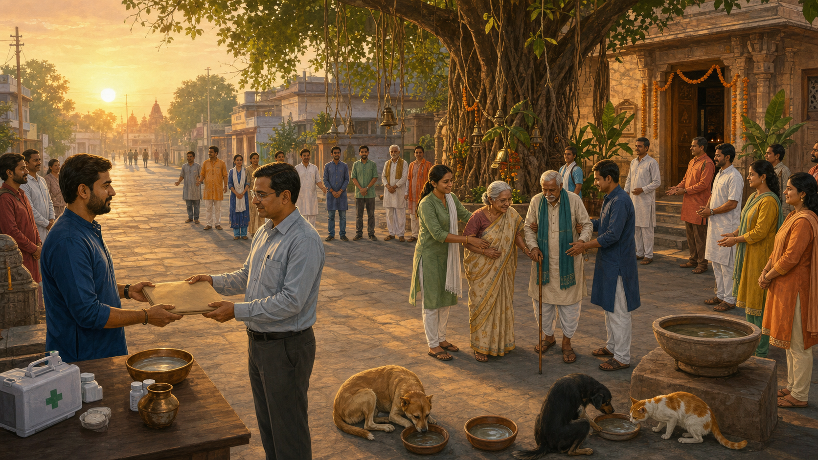 Residents form a calm protective semicircle outside a neighborhood temple as a community liaison gives an evidence folder to a civic official.
