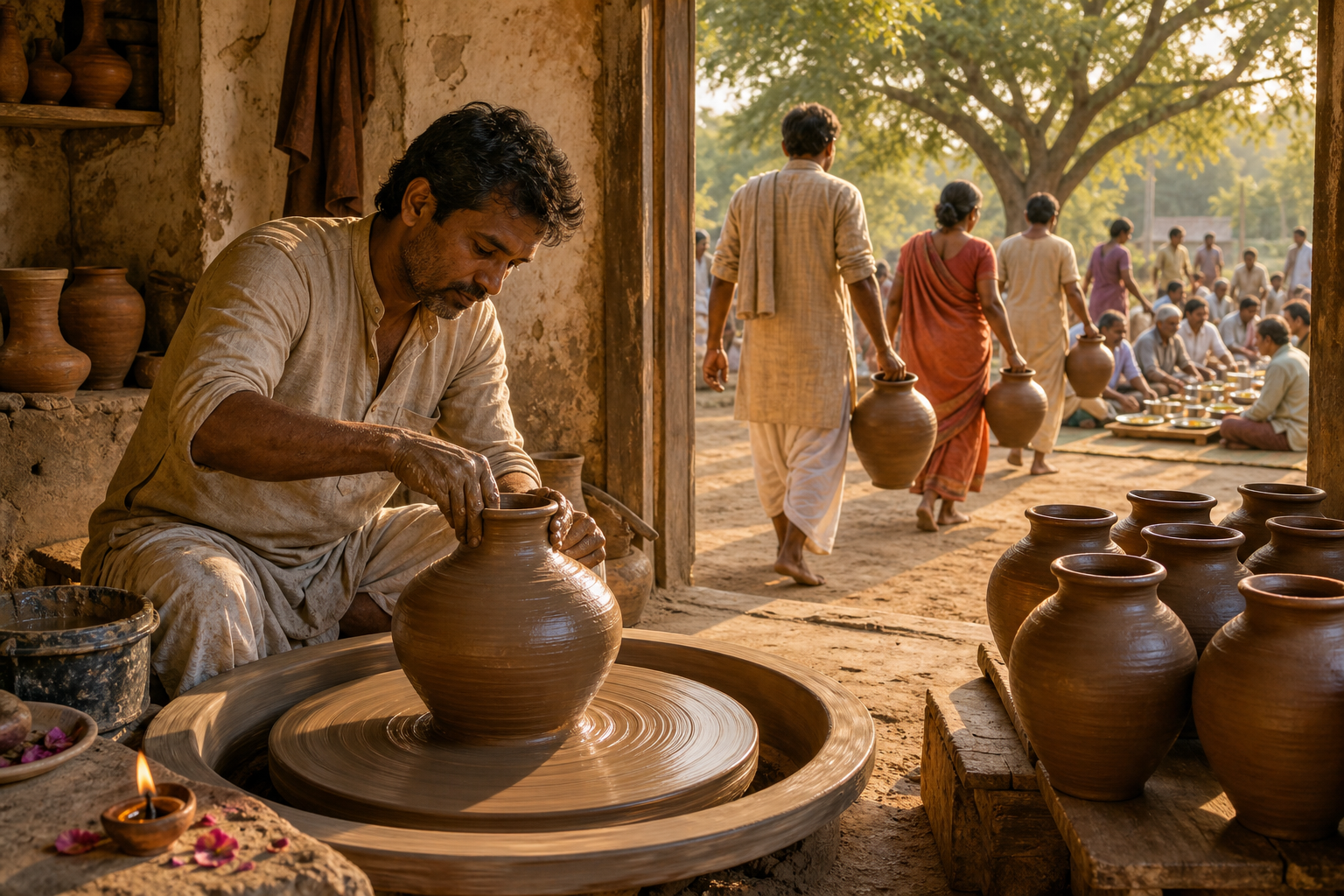 A potter shapes a clay water vessel in a sunlit workshop while finished vessels are carried outside for a community meal.