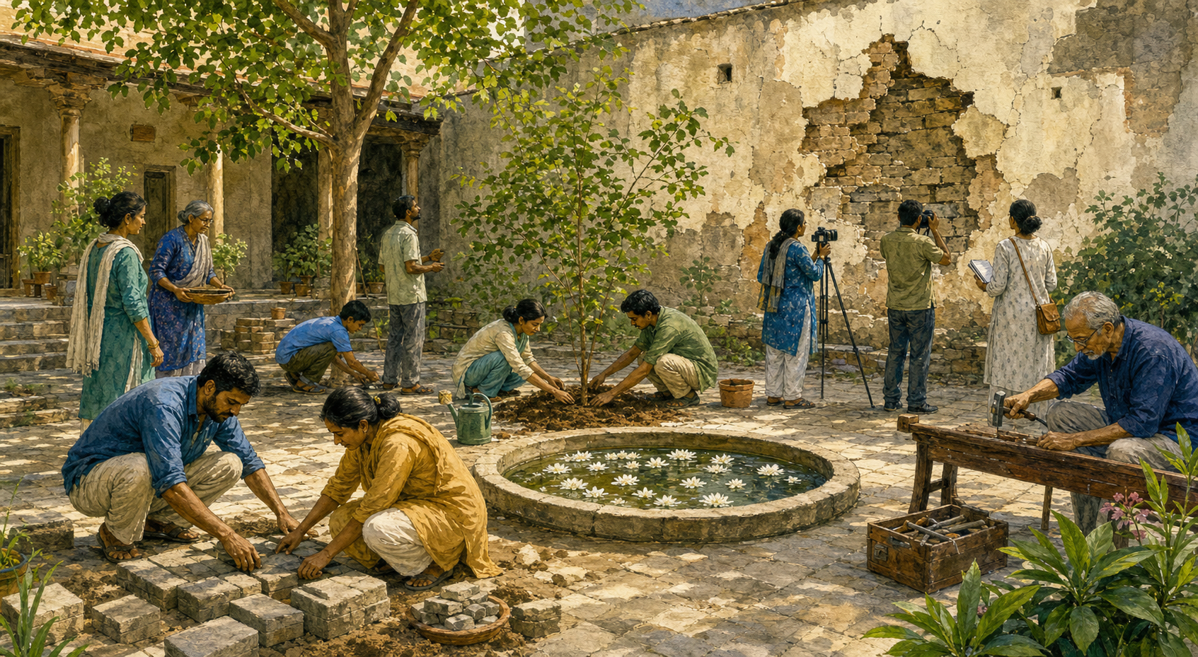 Residents repair paving, plant a tree, mend a bench, and document a scarred wall around a flower-filled memorial basin in a shared courtyard.