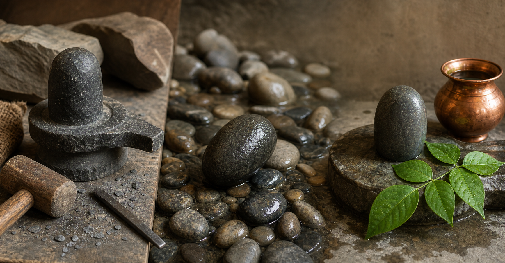 A carved stone linga, an oval stone among river pebbles, and an uncarved stone prepared for worship appear in one comparative still life.