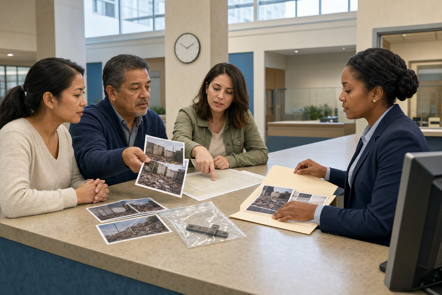 Three residents present photographs, an unlabeled map, and a broken latch to an official at a civic service counter.