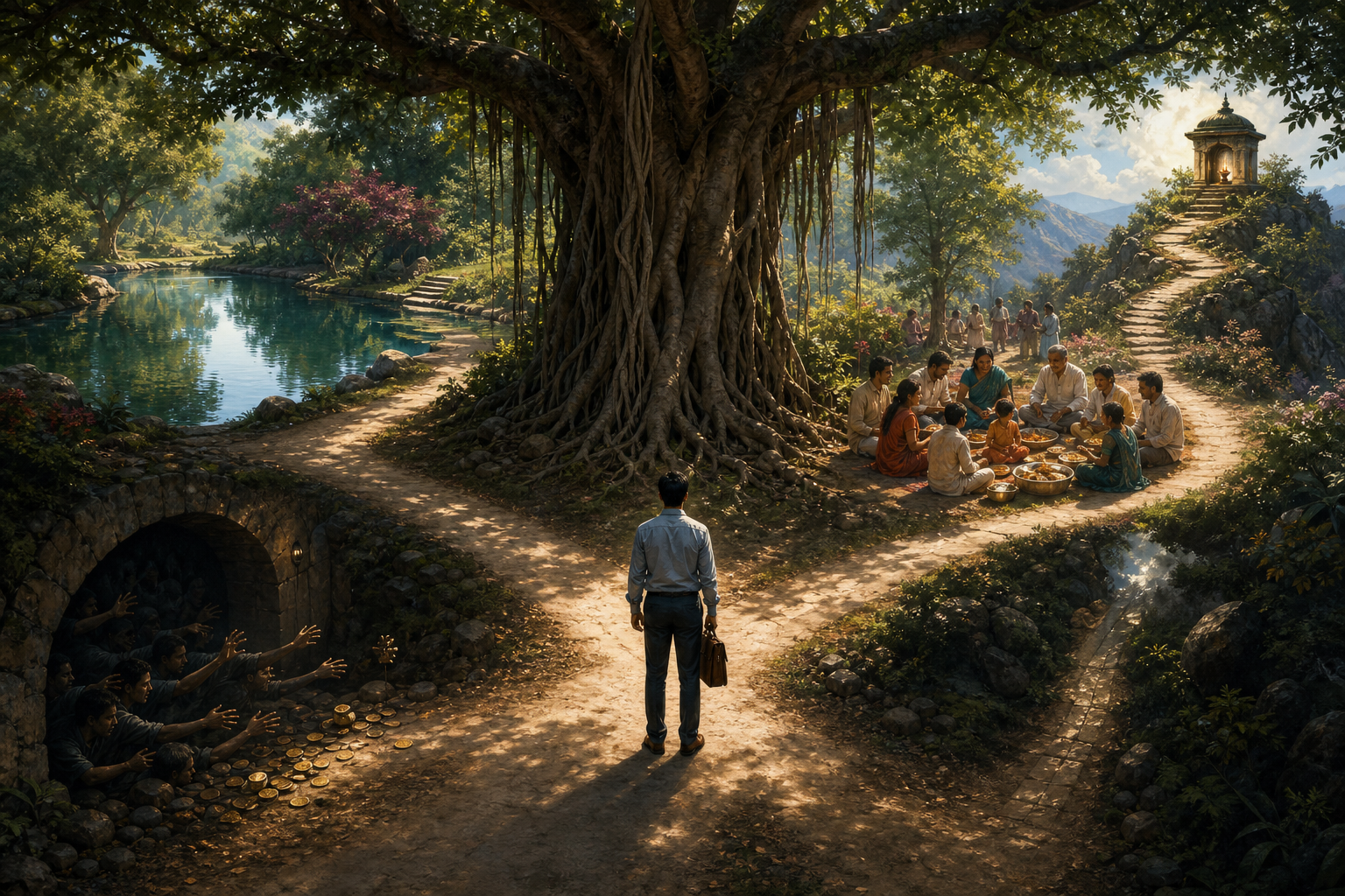 A person pauses beneath a banyan tree where four paths lead toward a reflective pool, a shared meal, a shadowed arch, and a hilltop shrine lamp.