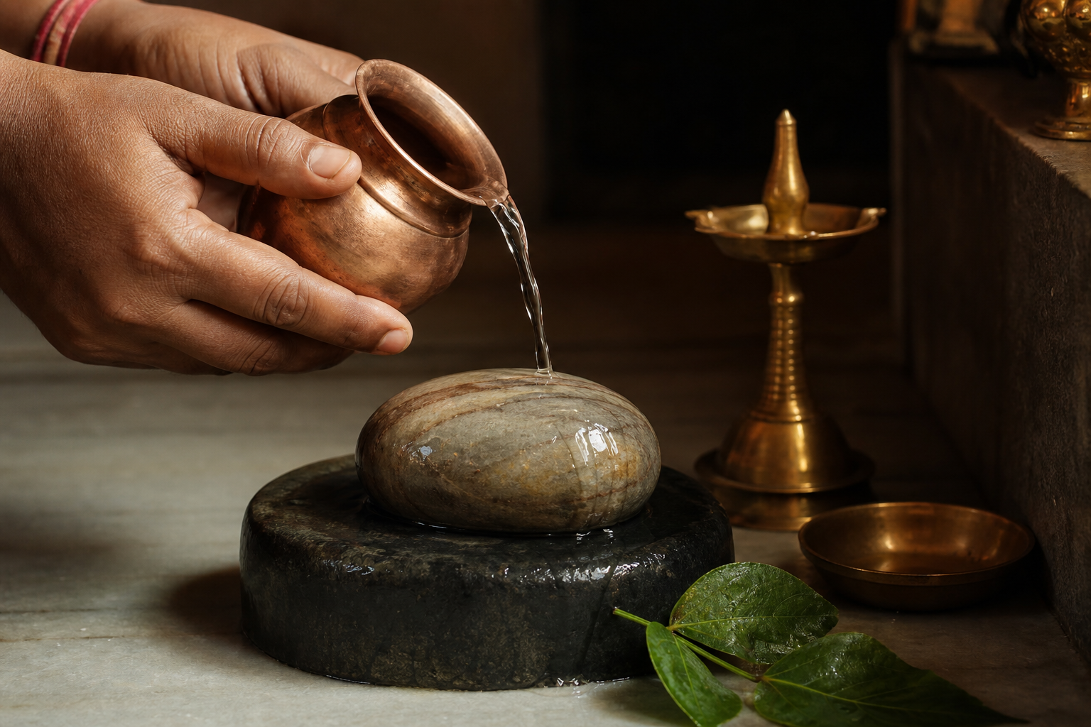 A devotee pours water from a copper vessel over a smooth Banalinga beside bilva leaves in a simple shrine.