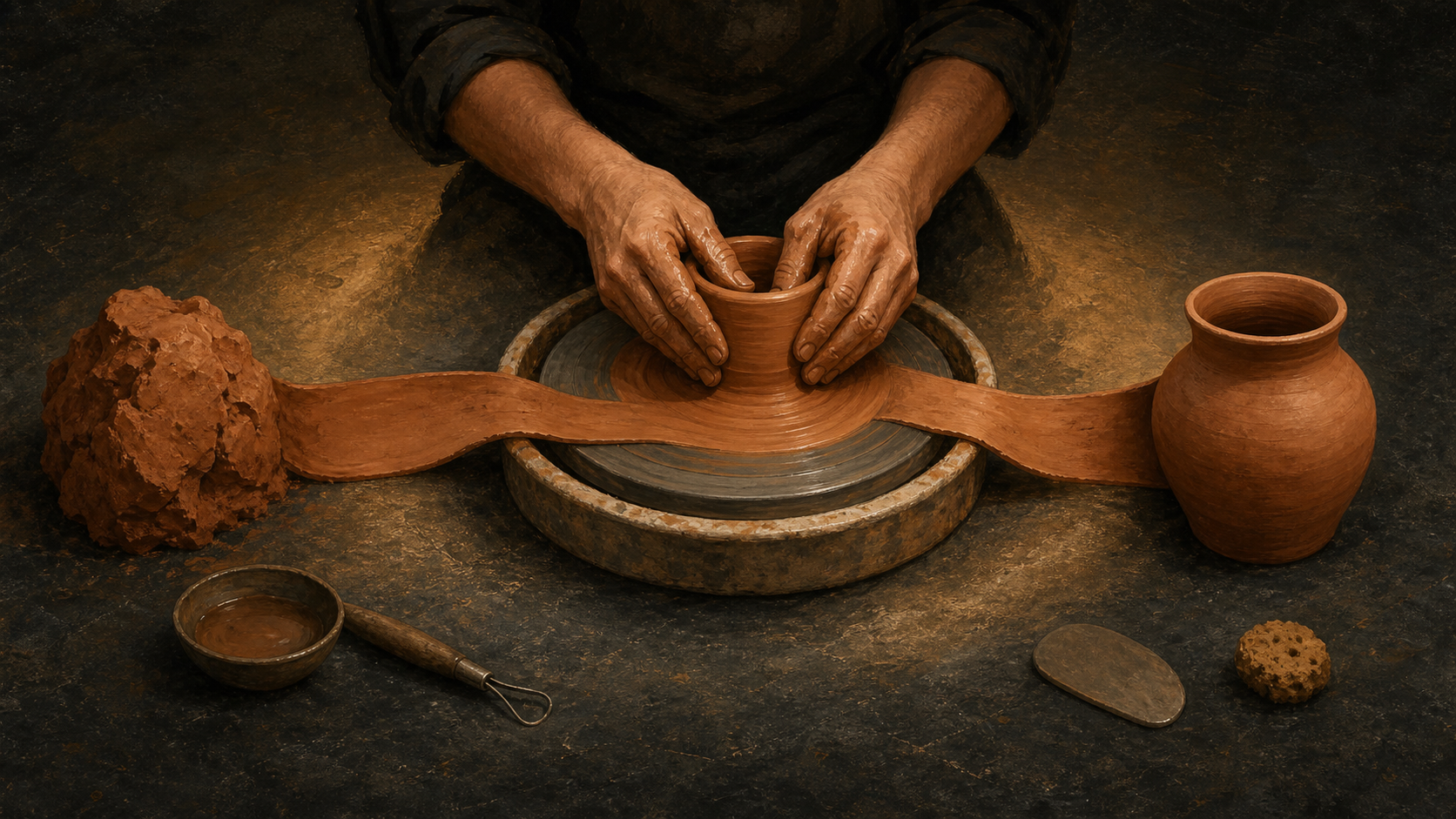 Raw terracotta clay passes through a potter's hands on a wheel and becomes a finished earthen vessel on a stone worktable.