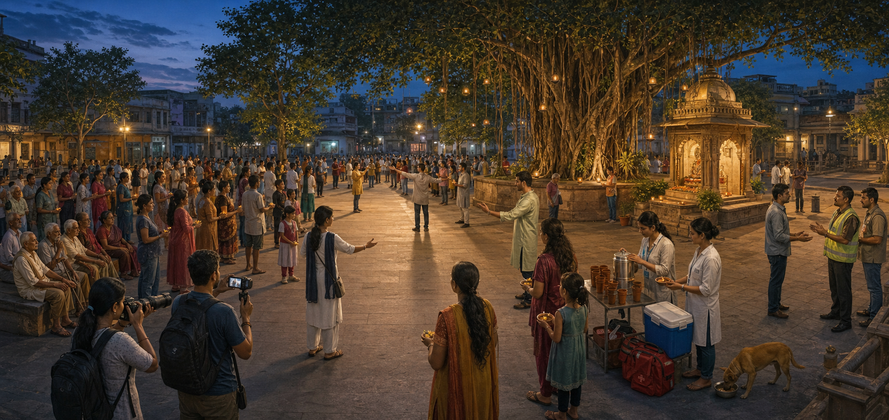 An orderly crowd gathers near a banyan tree while volunteers maintain an open walkway, provide water and first aid, and speak with civic personnel.