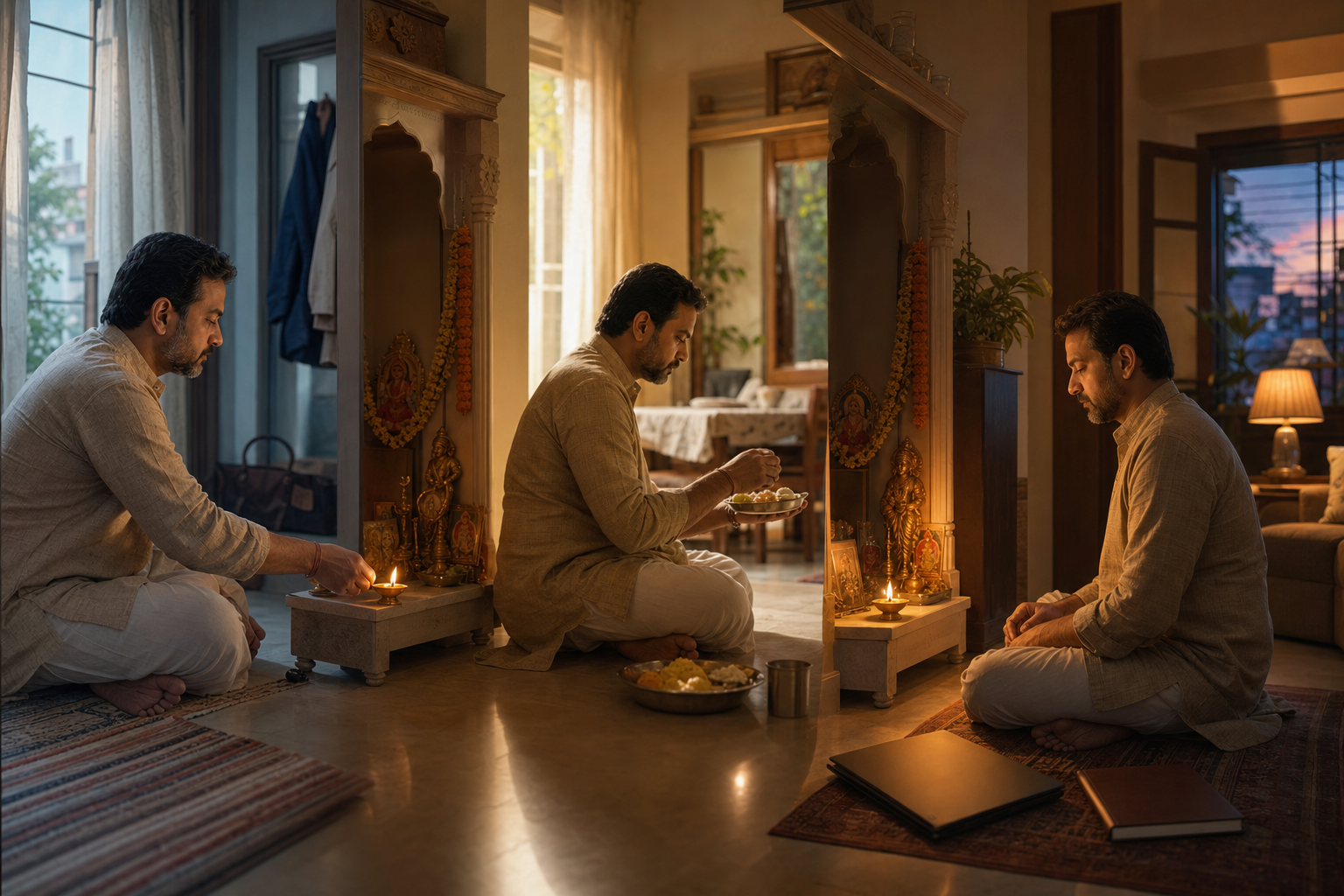 A householder appears at dawn, midday, and evening in a blended domestic scene, lighting a shrine lamp, offering food, and sitting in reflection beside a closed laptop.