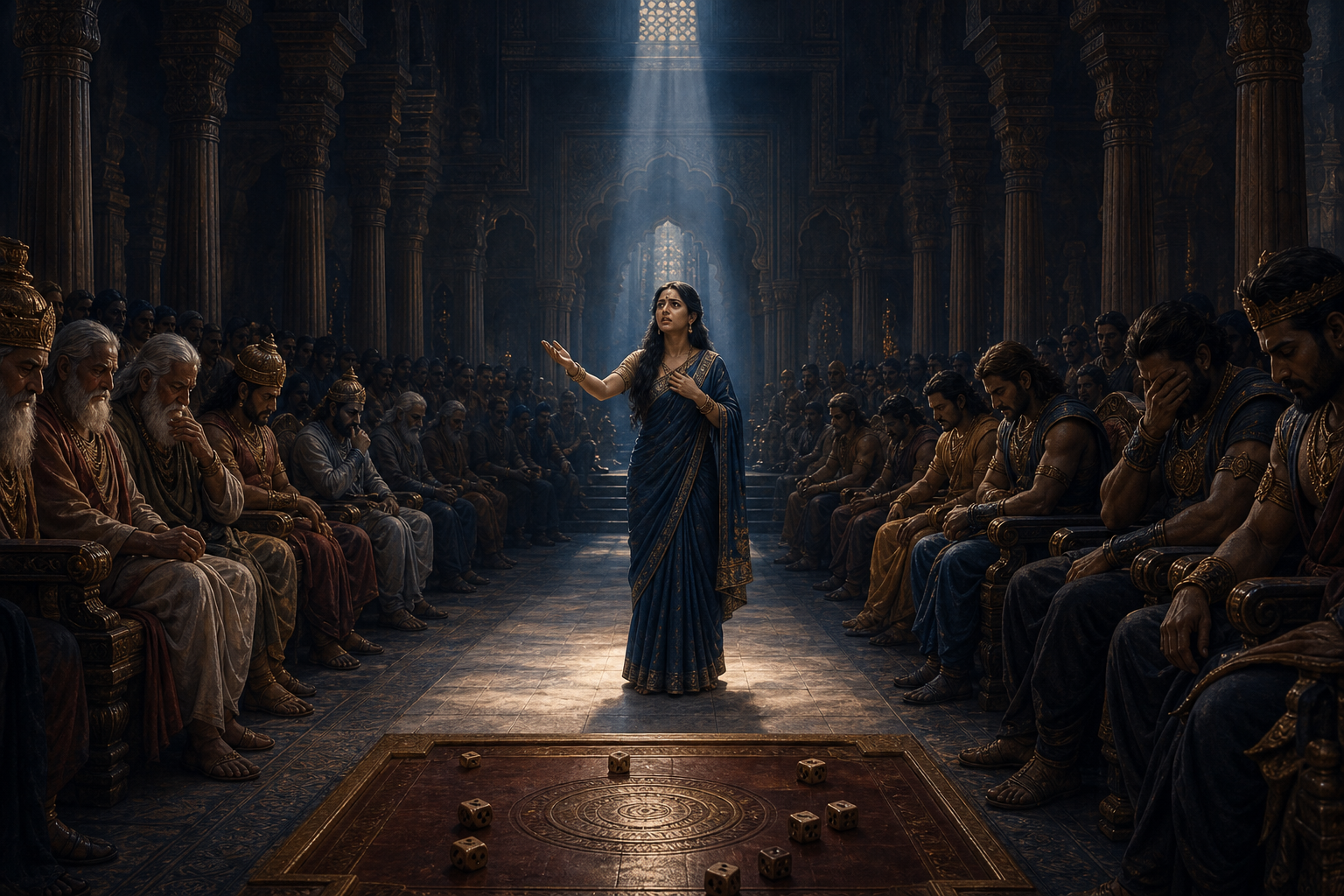 Draupadi stands alone before a silent royal assembly in a pillared hall, with dice scattered on a gaming board in the foreground.