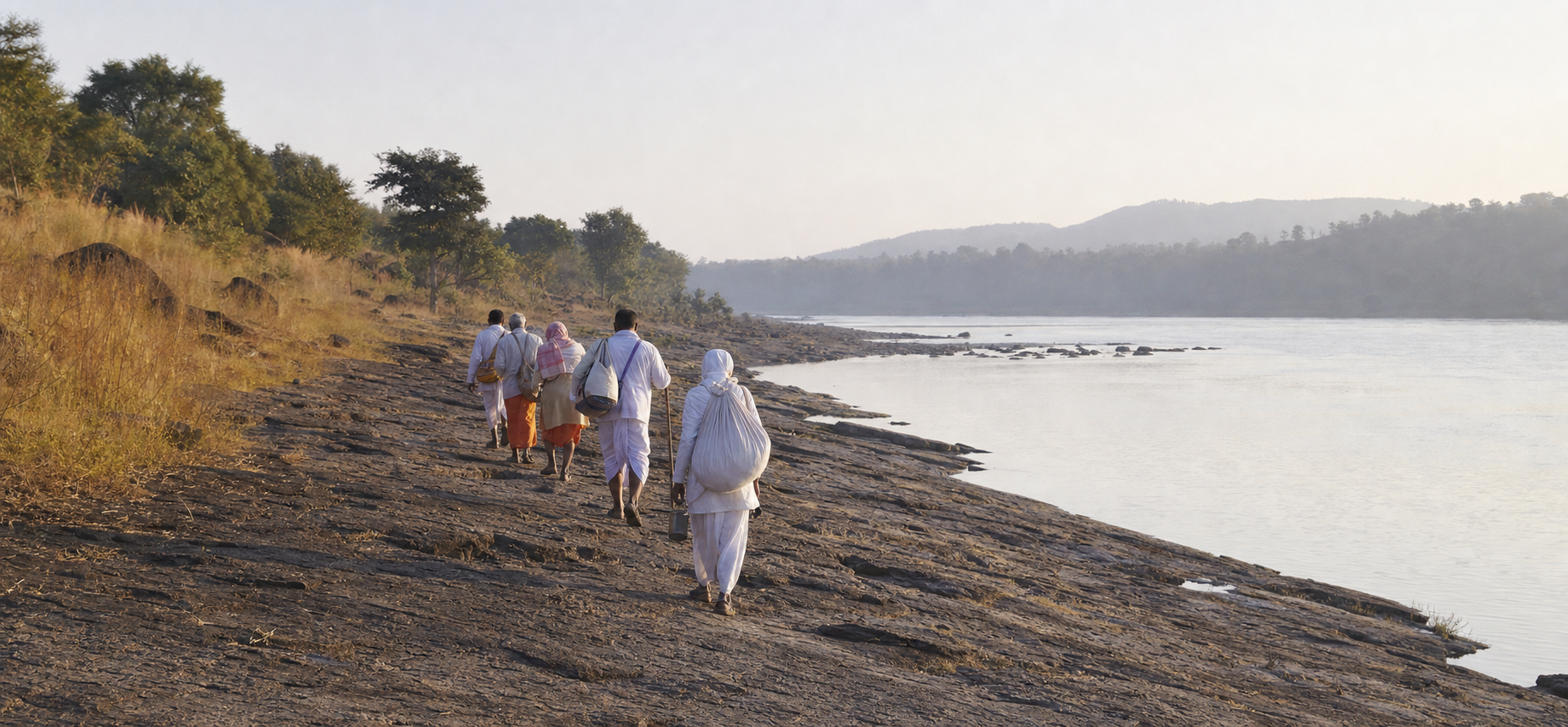 A small group of pilgrims walks along the stony bank of the Narmada in the early morning.