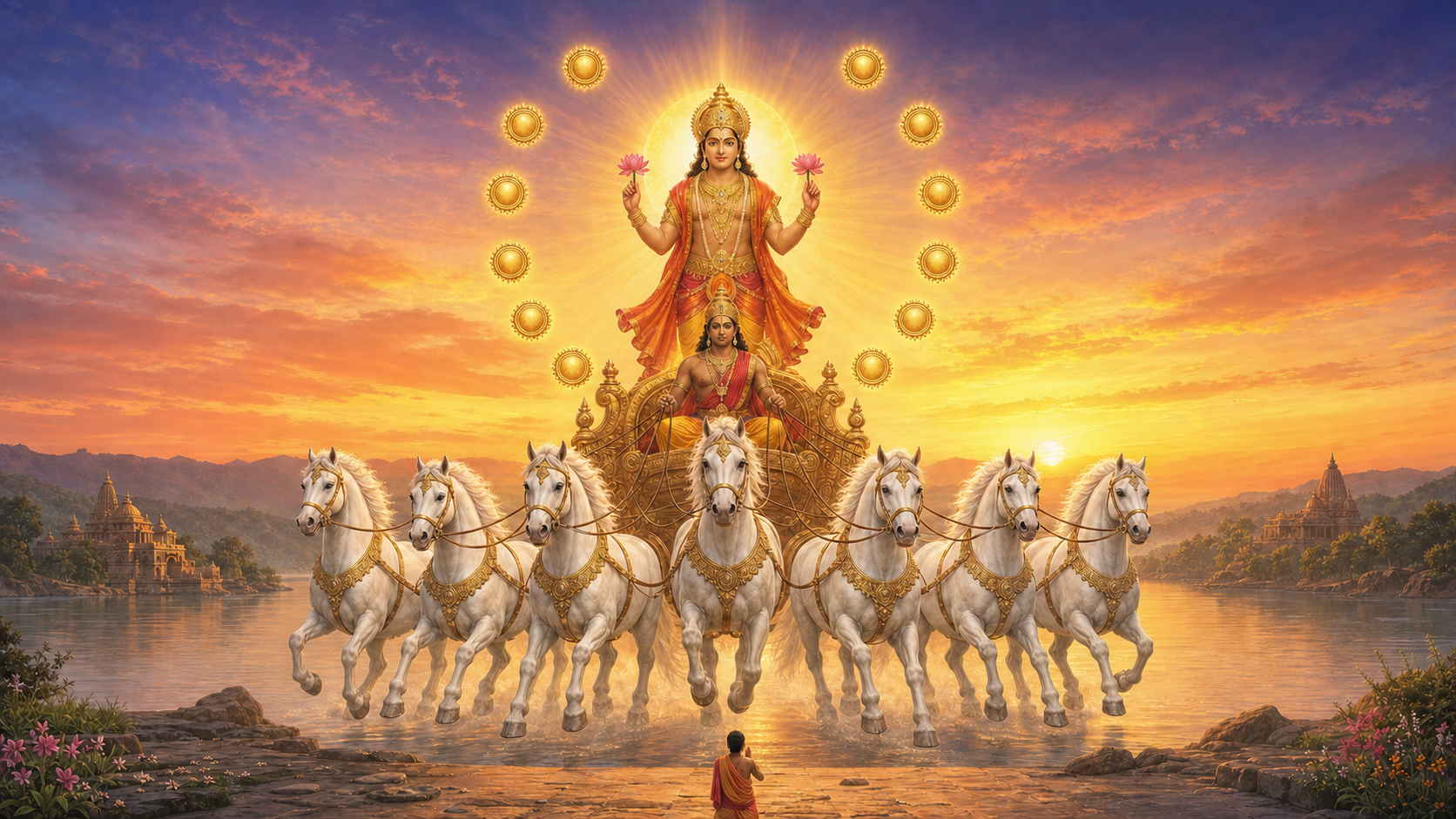 Surya Bhagavan holds two lotuses in a golden chariot drawn by seven white horses, with twelve solar medallions surrounding the rising sun and a devotee praying on the riverbank below.