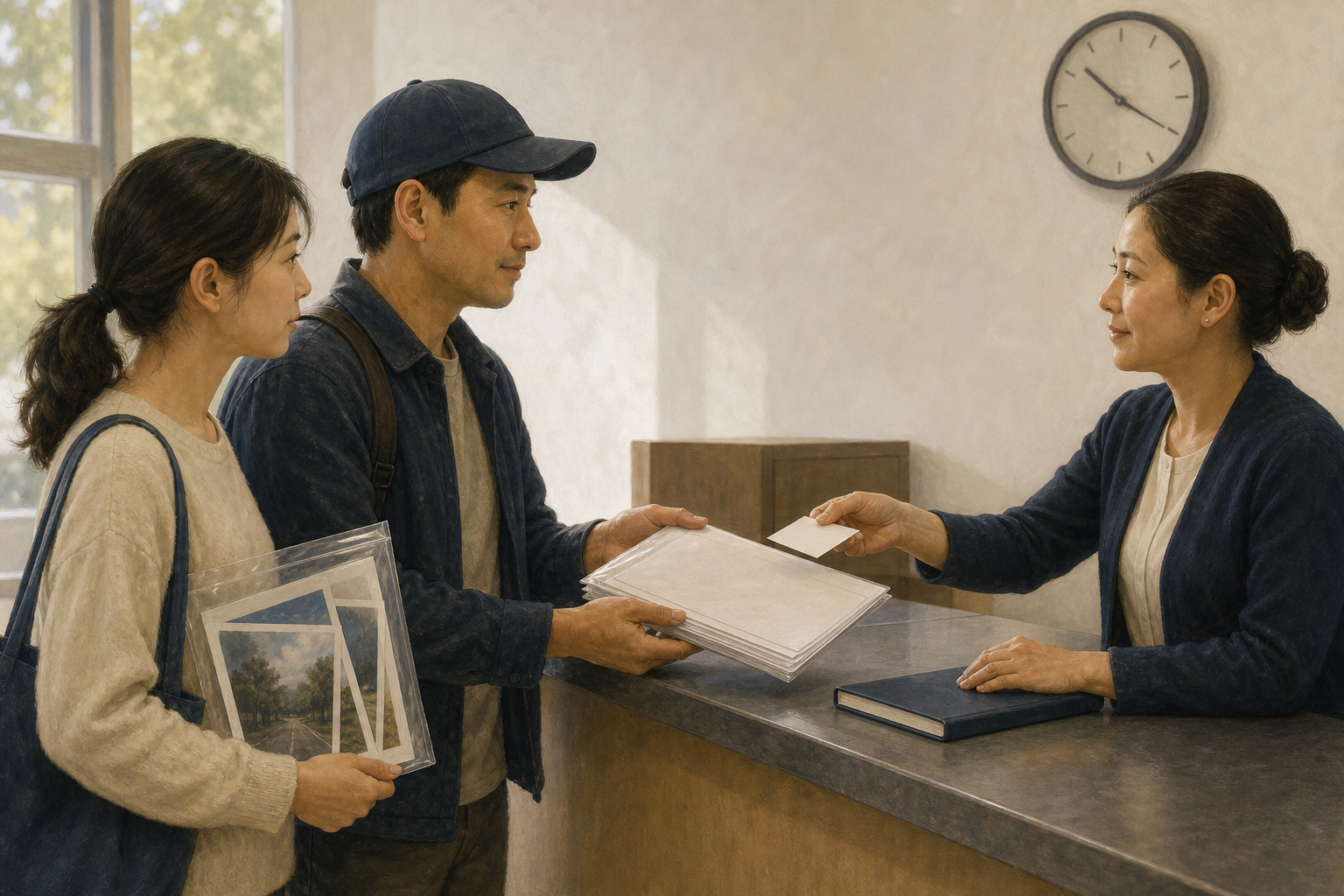 A community volunteer submits an organized evidence packet at a public-service counter and receives a plain receipt card.
