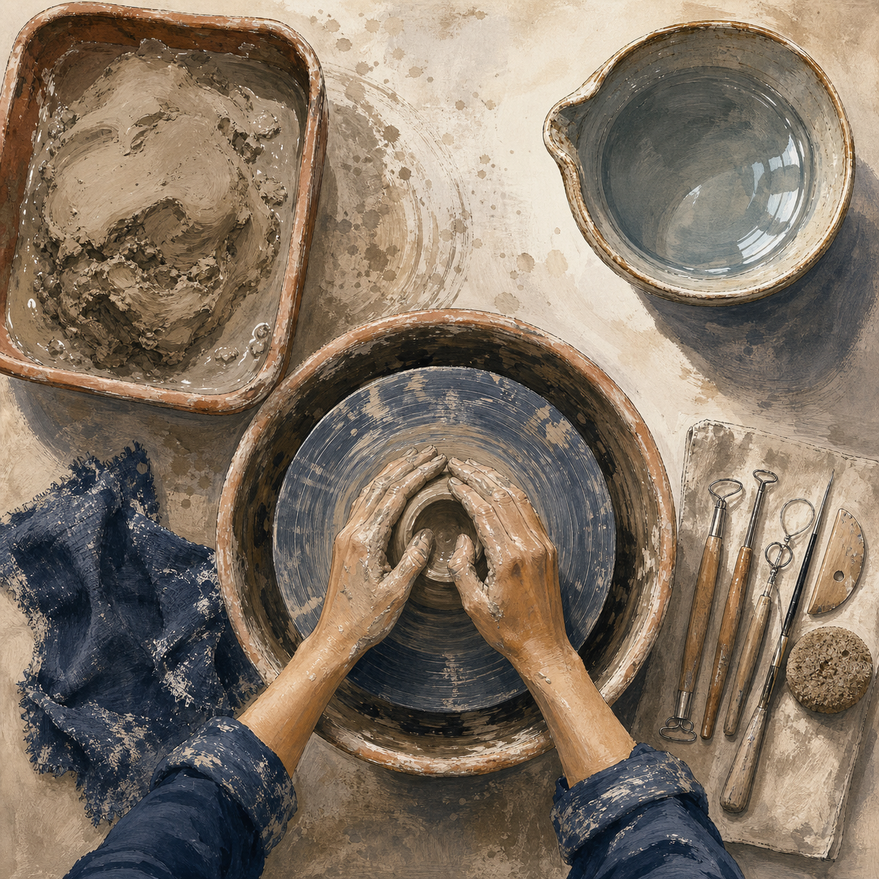 An overhead pottery workspace separates raw clay, shaping hands, tools and wheel, and a finished water-filled pot into four connected areas.