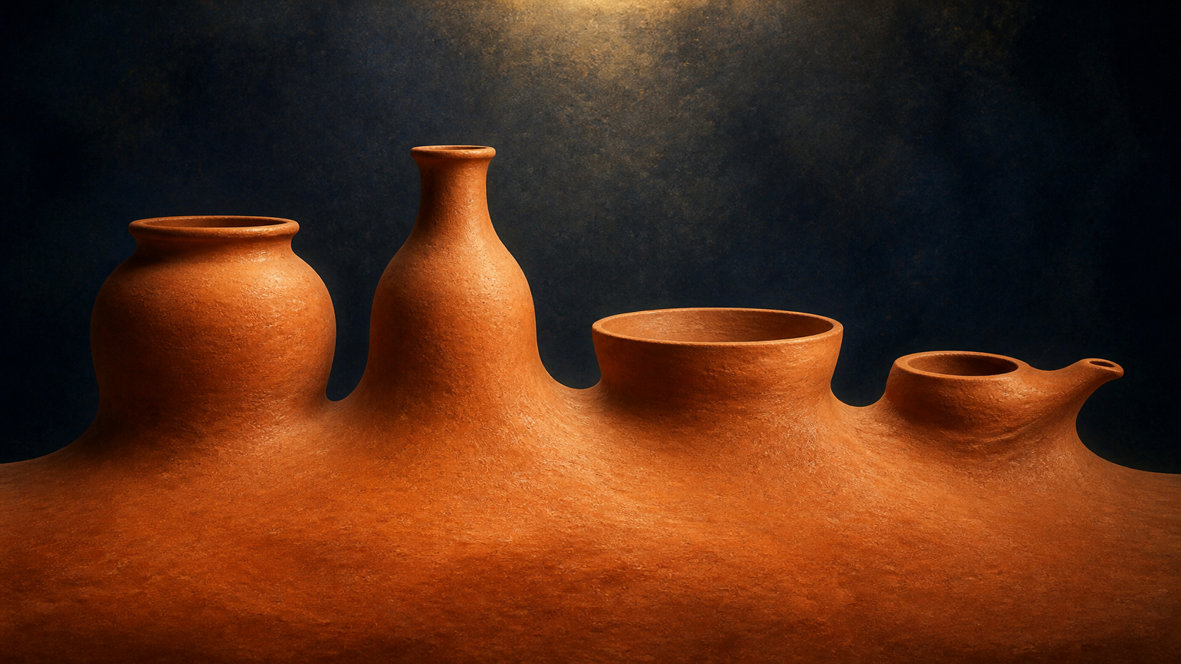Several differently shaped vessels rise from and remain visibly connected to one continuous bed of clay.