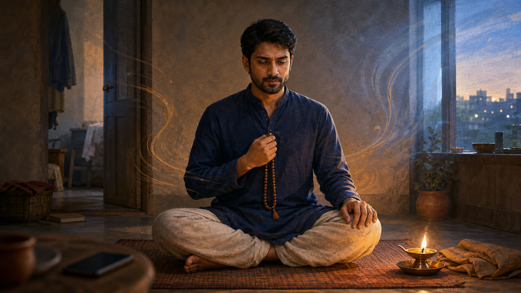 A practitioner sits upright with prayer beads at dawn while a face-down phone and household distractions remain blurred around the edges of the room.