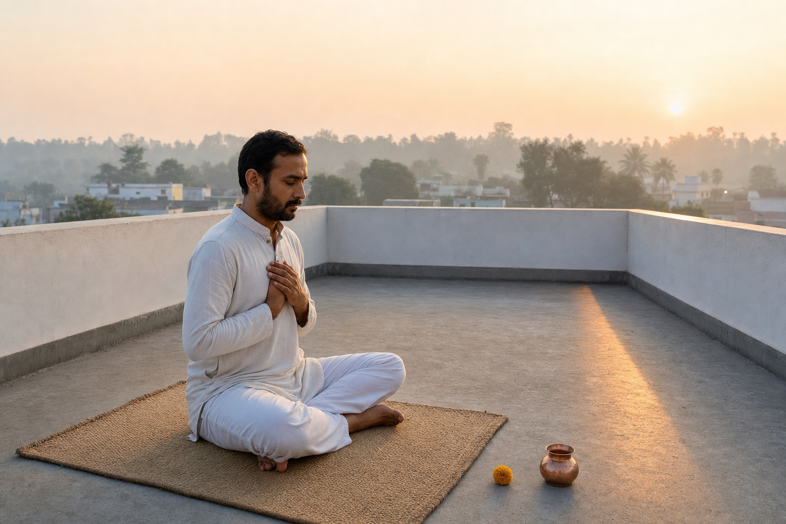 A devotee sits on a woven mat facing the sunrise on a quiet terrace, with a small copper vessel and one flower placed to the side.