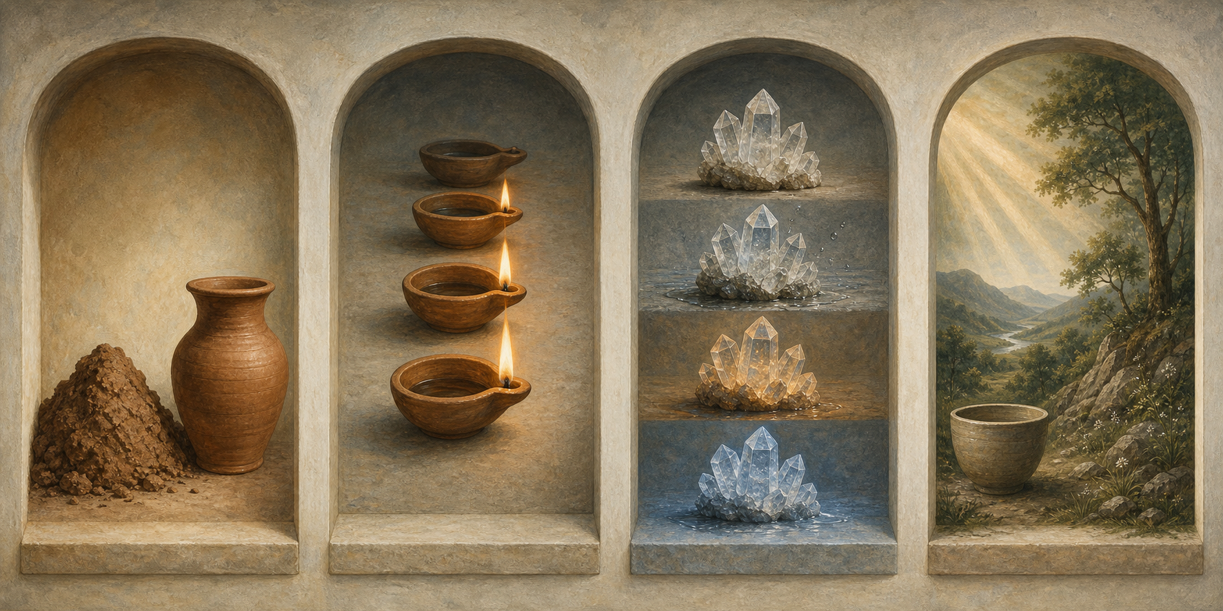 Four equal alcoves show a clay vessel and clay, a sequence of lit lamps, a crystal under changing conditions, and a landscape filled with light.