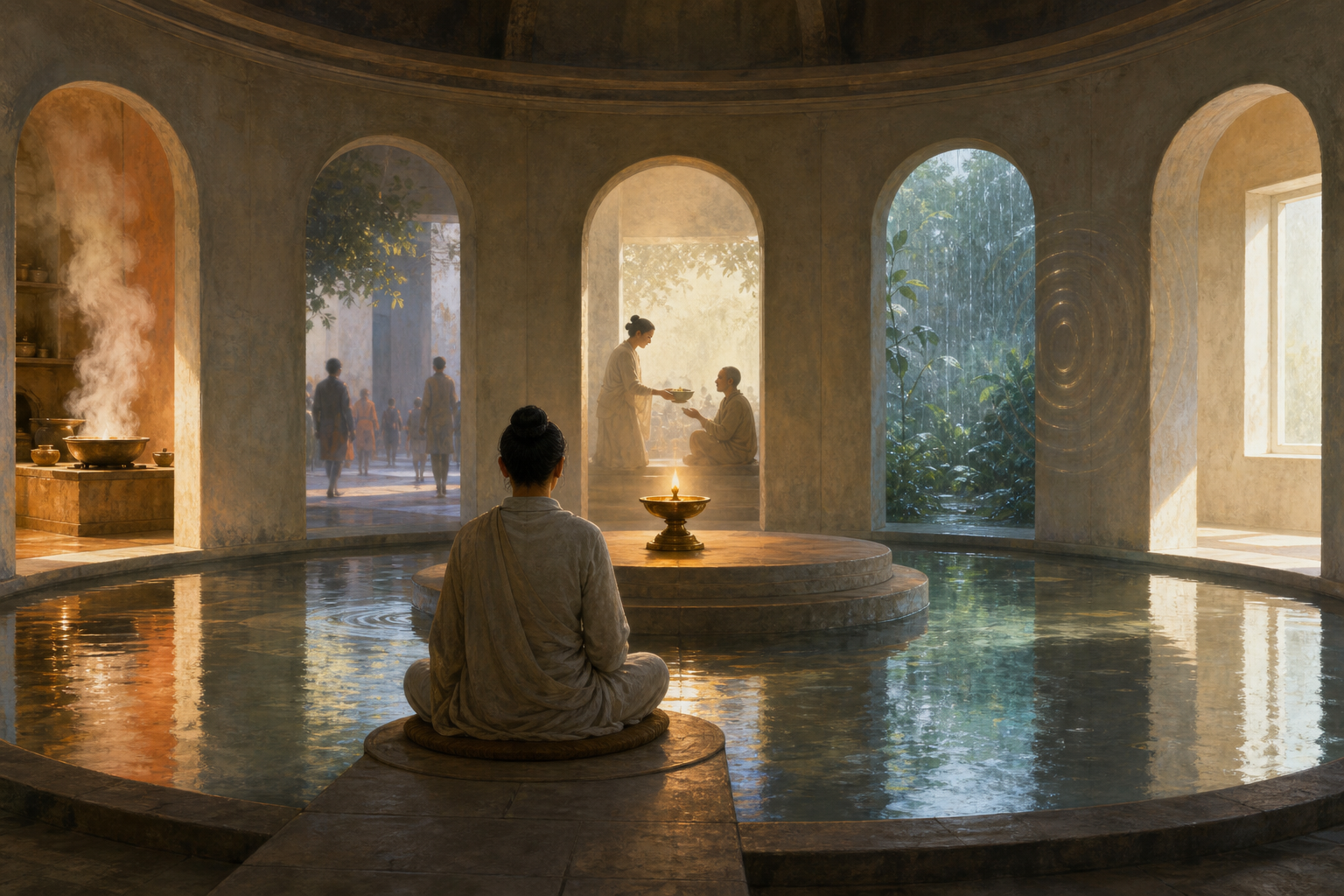 A seated practitioner occupies a circular room where several sensory scenes converge around a reflective pool, with a steady lamp and an act of offering food beyond it.