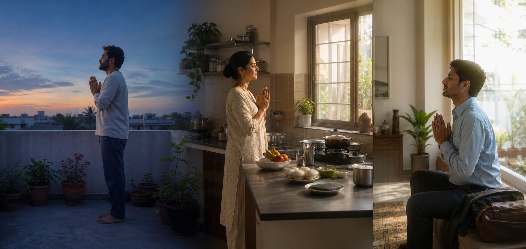 Three adjoining scenes show people pausing for the same hands-joined devotional practice at predawn, after breakfast, and in late-morning light.