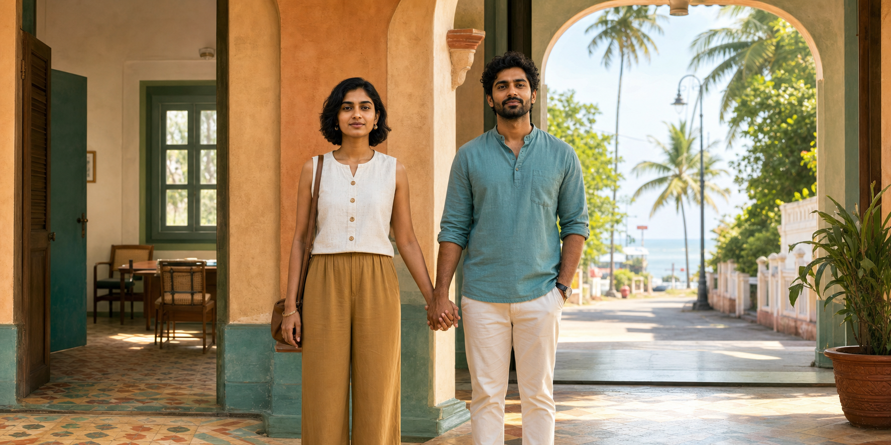 Two Indian adults stand together at the sunlit entrance of a civil registration office with a private room on one side and an open path to the street on the other.