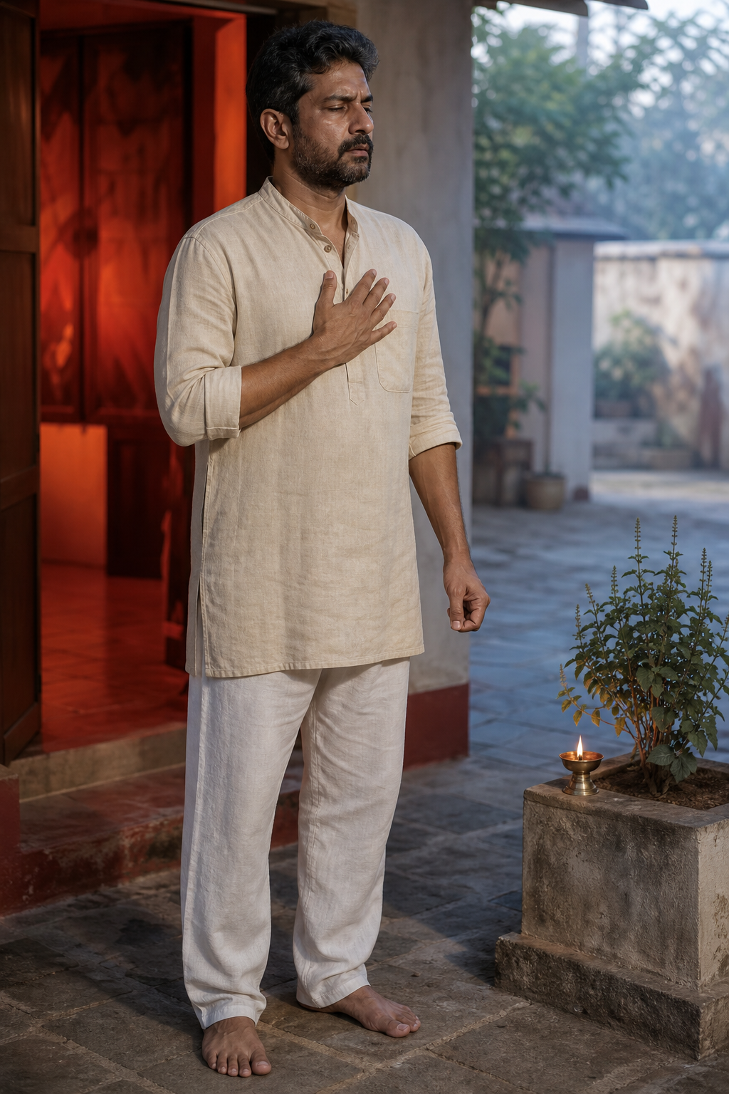 An adult pauses in a home courtyard with one hand on the chest as warm light behind them gives way to cool morning light ahead.
