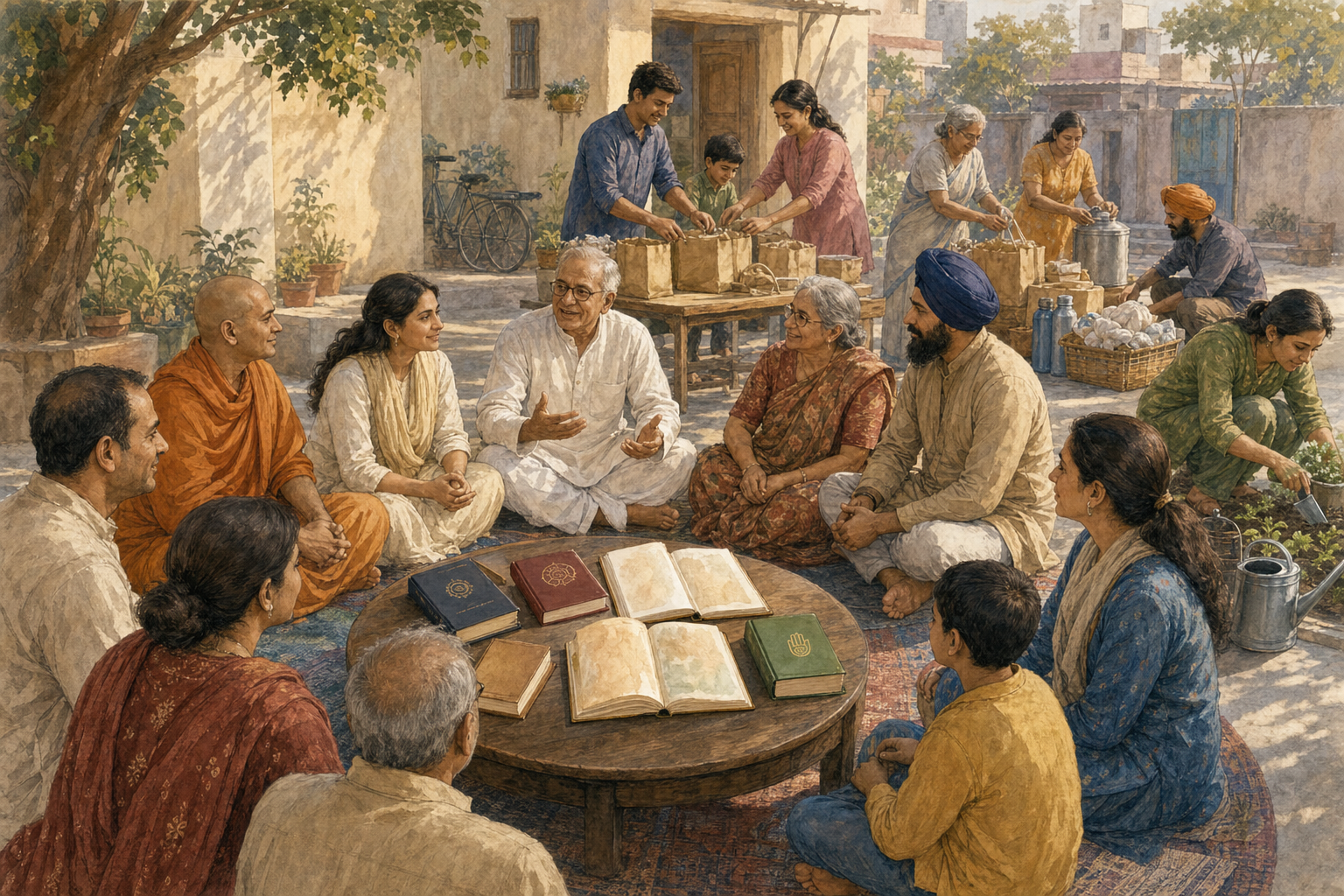 A multigenerational group sits in a listening circle while other participants prepare food parcels, gardening tools, and water containers in a neighborhood courtyard.